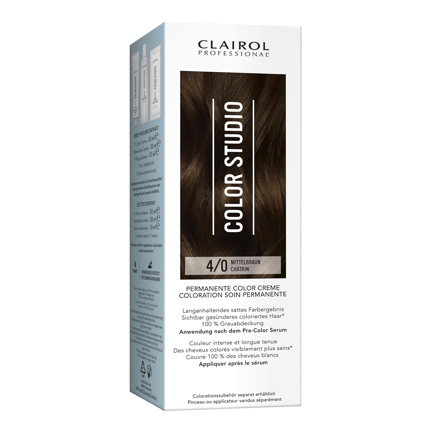 Clairol Professional Color Studio Permanent Hair Color Medium Brown 4/0 (110ml) - With Metal Purifier for 6x Less Breakage, 10 Weeks Rich Color Result & 100% Gray Coverage - Includes Hair Treatment
