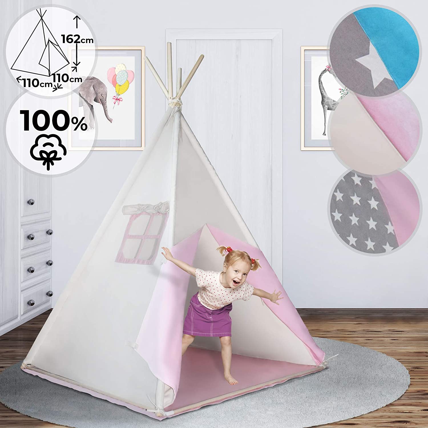 Teepee Play Tent For Children – With Or Without Accessories, 100% Cotton, D
