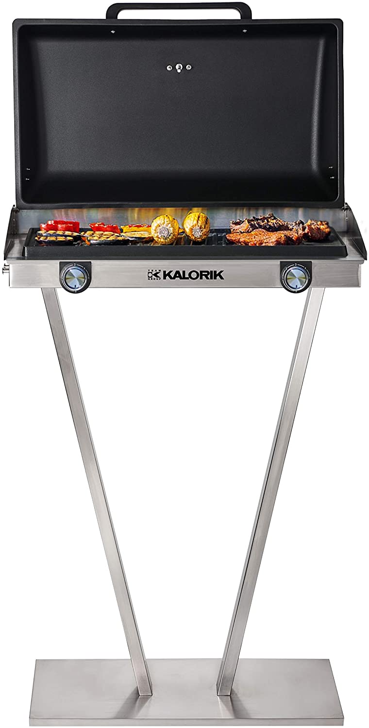 Kalorik TKG EBBQ 1002 L Electric Stainless Steel Barbecue Grill, Standing Grill, XXL Grill Plate, Continuous Temperature Control, Thermometer, 2 Cooking Zones, Silver/Black, 2500 Watt
