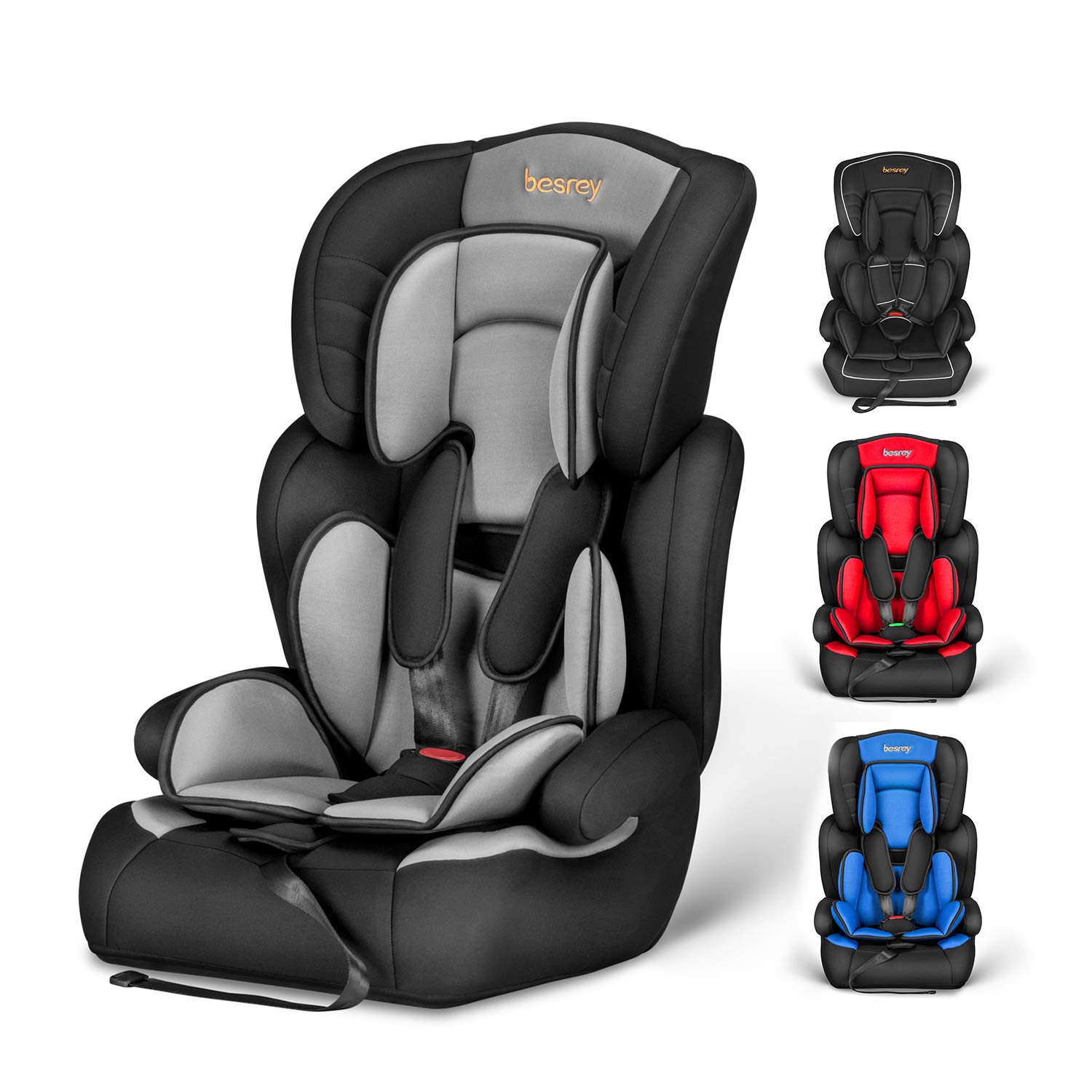 Besrey Child Car Seat Group 1 / 2 / 3 (9 - 36 kg). Adjustable Car seat for children 9 months - 12 years. ECE R44/04 Secured with safety belts, no Isofix. grey