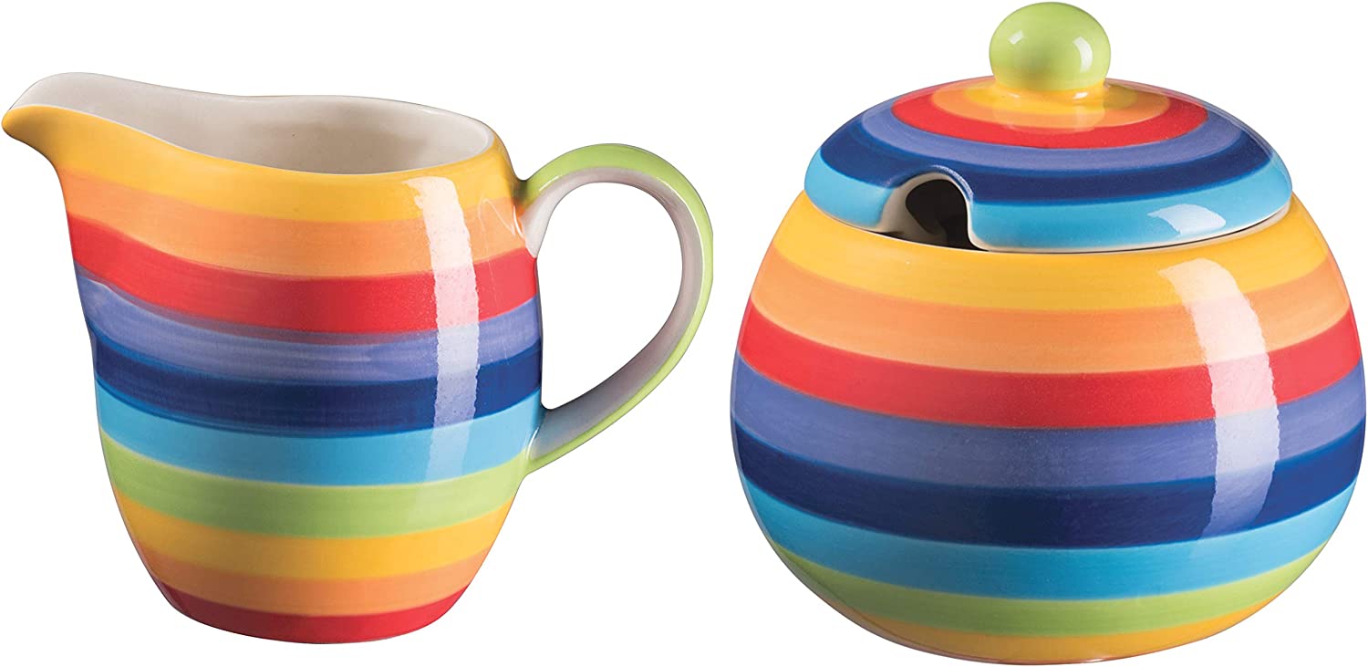 Purity Style Hand Painted Rainbow Stripe Sugar Bowl and Jug Set