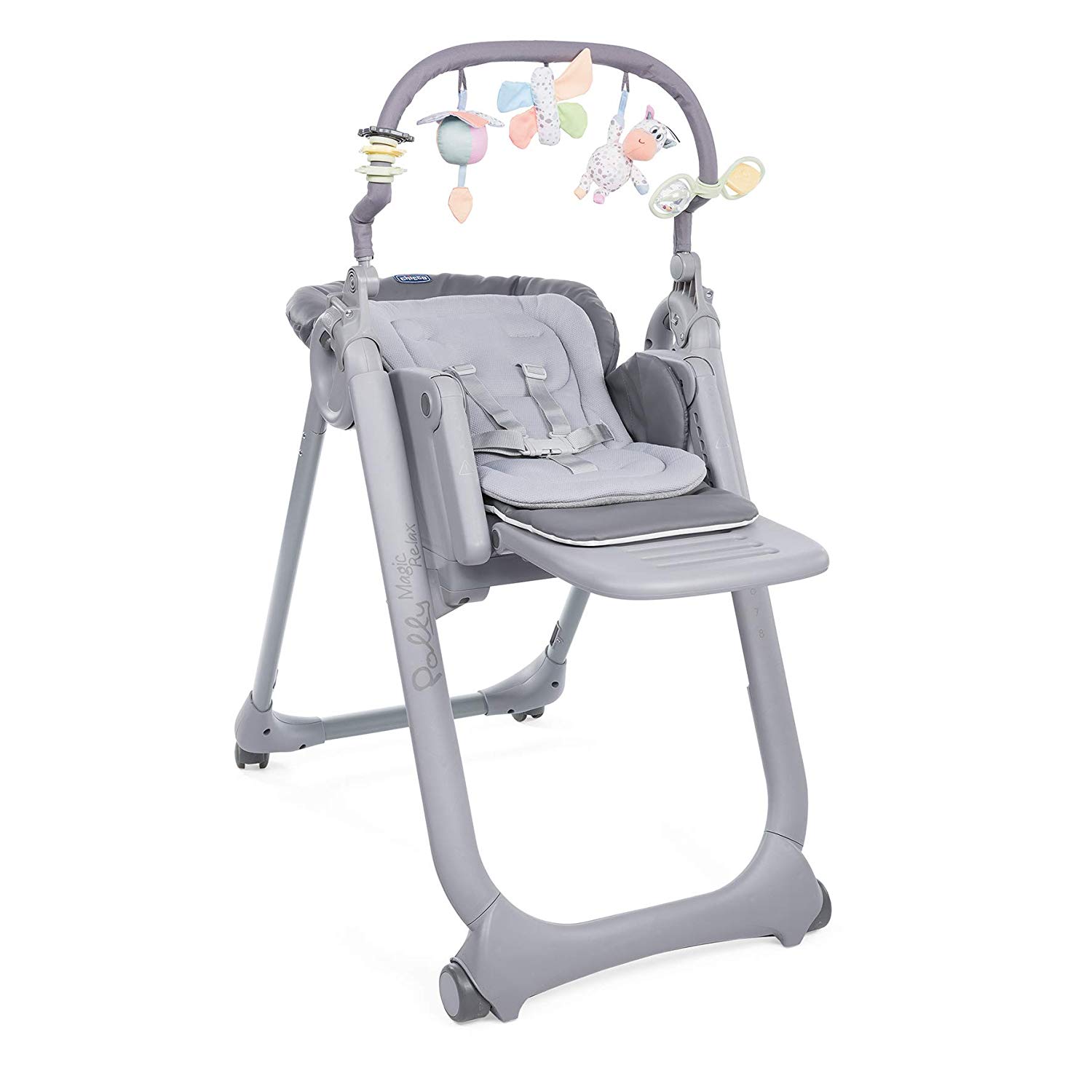 Chicco Polly Magic Relax Baby High Chair from Birth to 3 Years (15 kg), Adjustable Baby High Chair with Reclining Function with 4 Wheels, Compact Closure, Play Arch and Seat Reducer