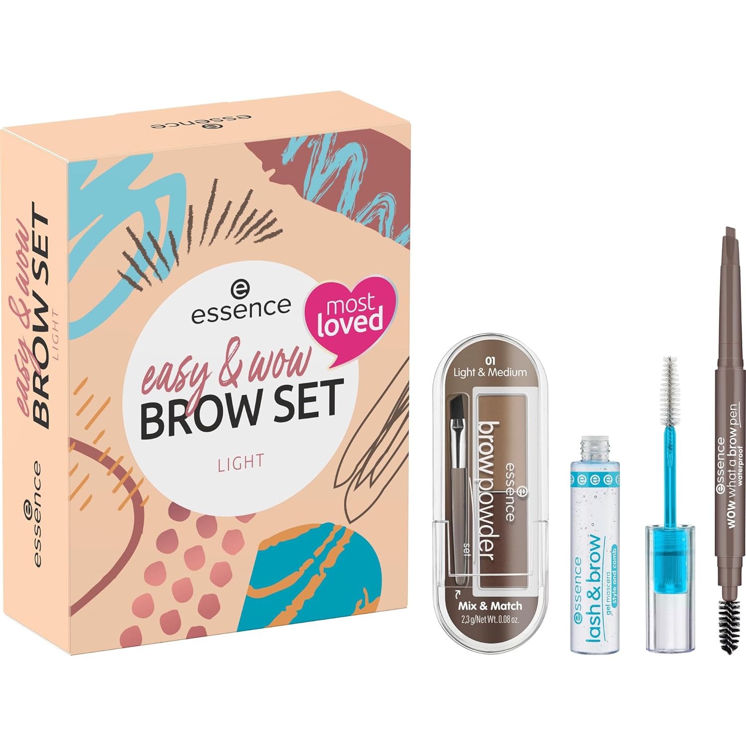 essence easy & wow brow set light, eyebrow set, acetone-free, vegan, no microplastic particles, no perfume, pack of 1 (3 pieces)