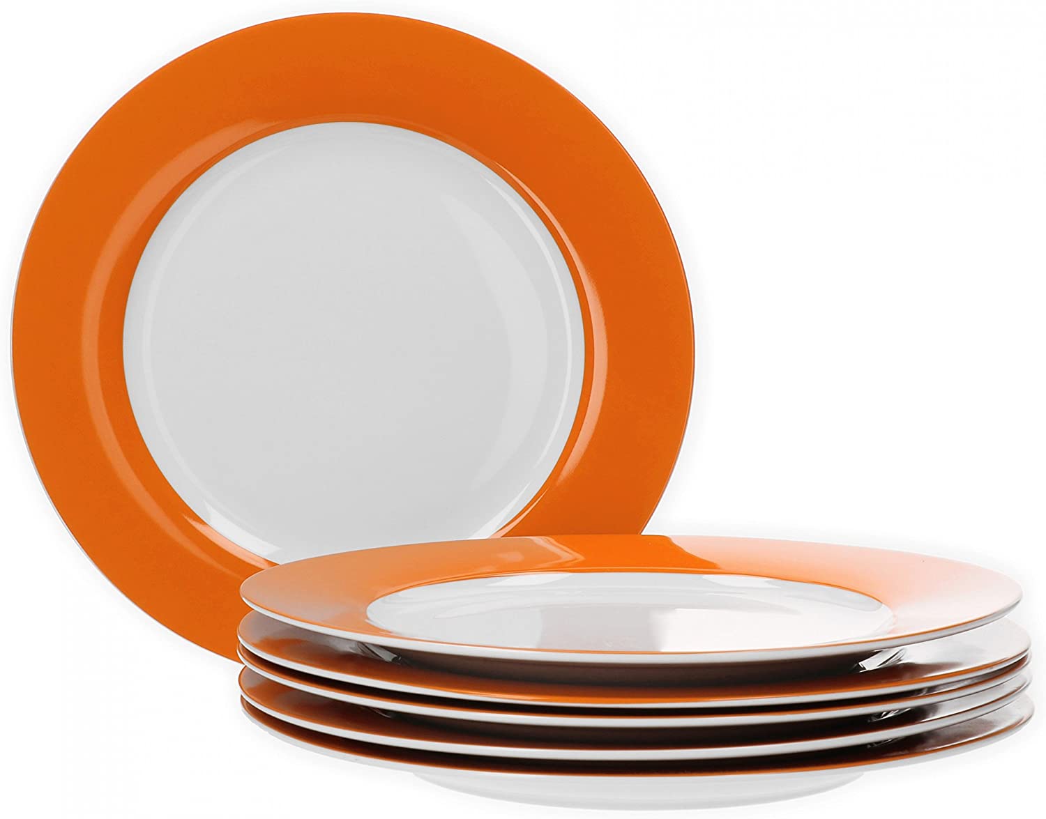 Van Well Vario Dinner Plate Set 6 Pieces I Dinner Service for 6 People I Flat Dining Plate with Diameter 26.5 cm I Porcelain Service White with Orange Rim I Plate Set Microwave Safe