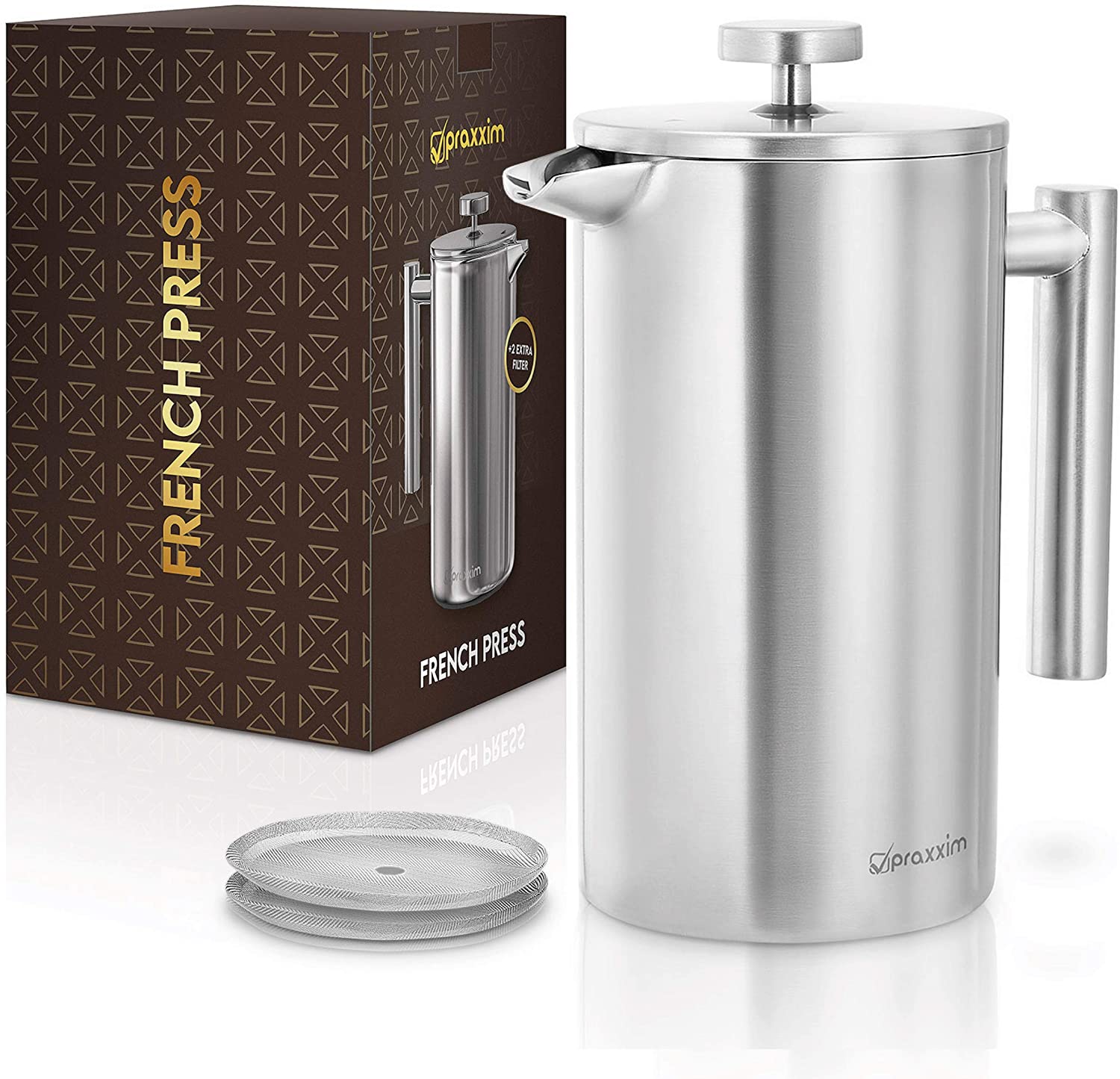 praxxim French Press Stainless Steel 1L - Sturdy Coffee Maker for Home, Travel, Camping - Double-Walled Coffee Press for Longer Warming (1 Litre)