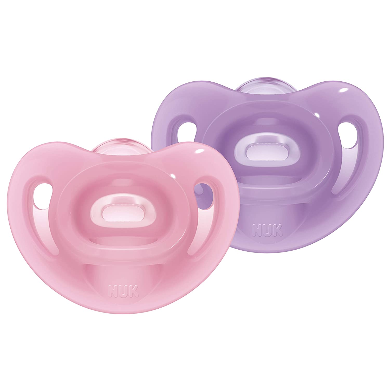 NUK Sensitive Dummy, 6-18 Months, 100% Silicone for Delicate Skin, BPA-Free, Purple & Pink, Pack of 2