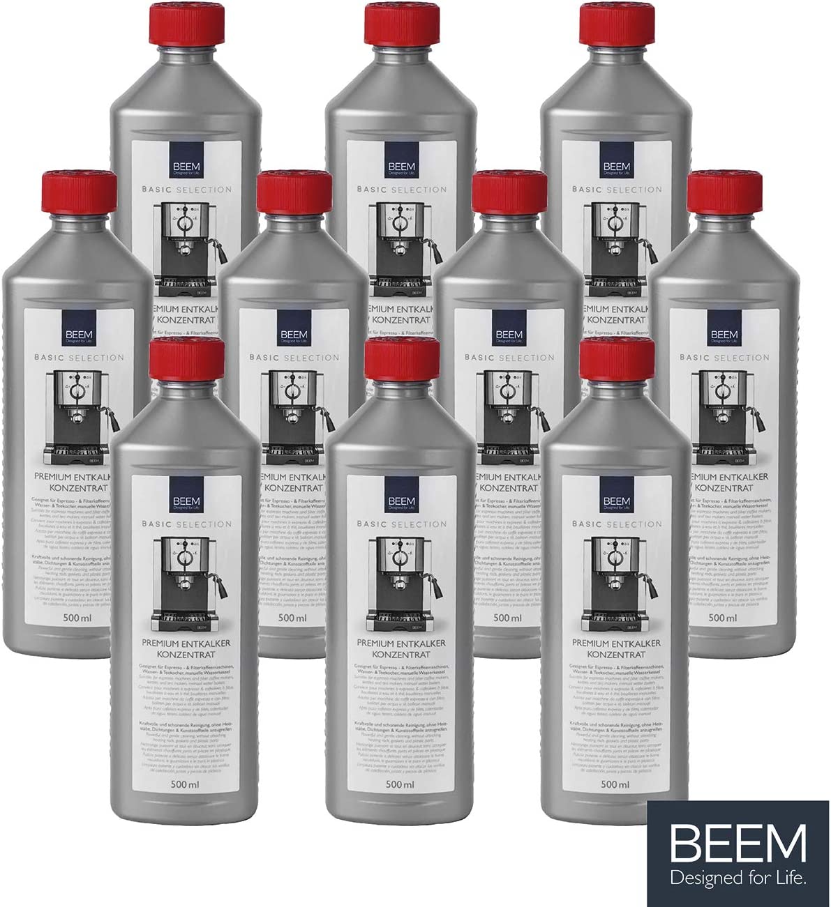BEEM Premium descaler concentrate, 10 x 500 ml, made in Germany, for fully automatic machines, espresso and filter coffee machines, water and tea makers, for BEEM and other brands, gentle and odourless