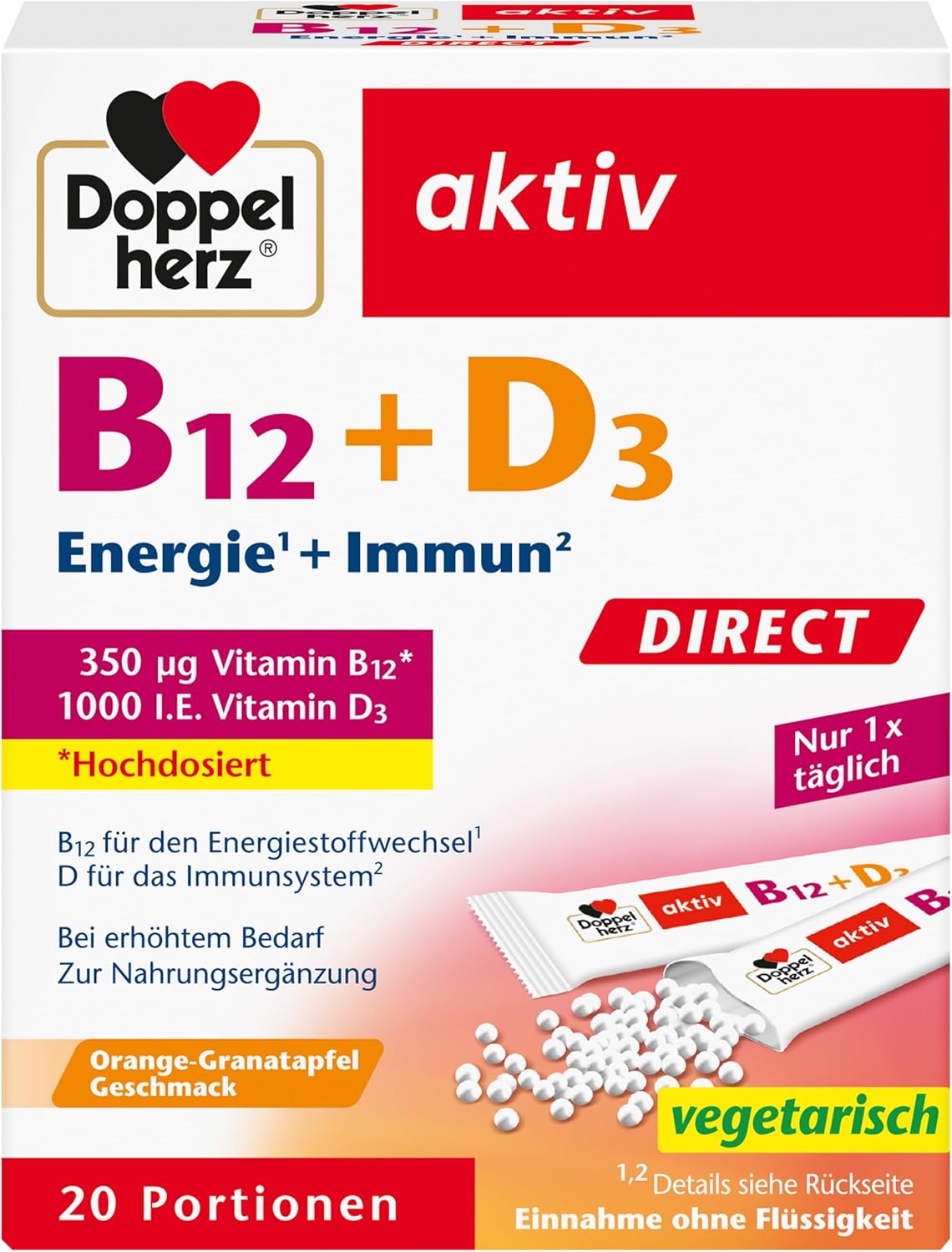 Doppelherz B12 + D3 Direct - High Dose with 350 μg Vitamin B12 and 1000 IU Vitamin D3 for Normal Function of the Immune System - 20 Servings