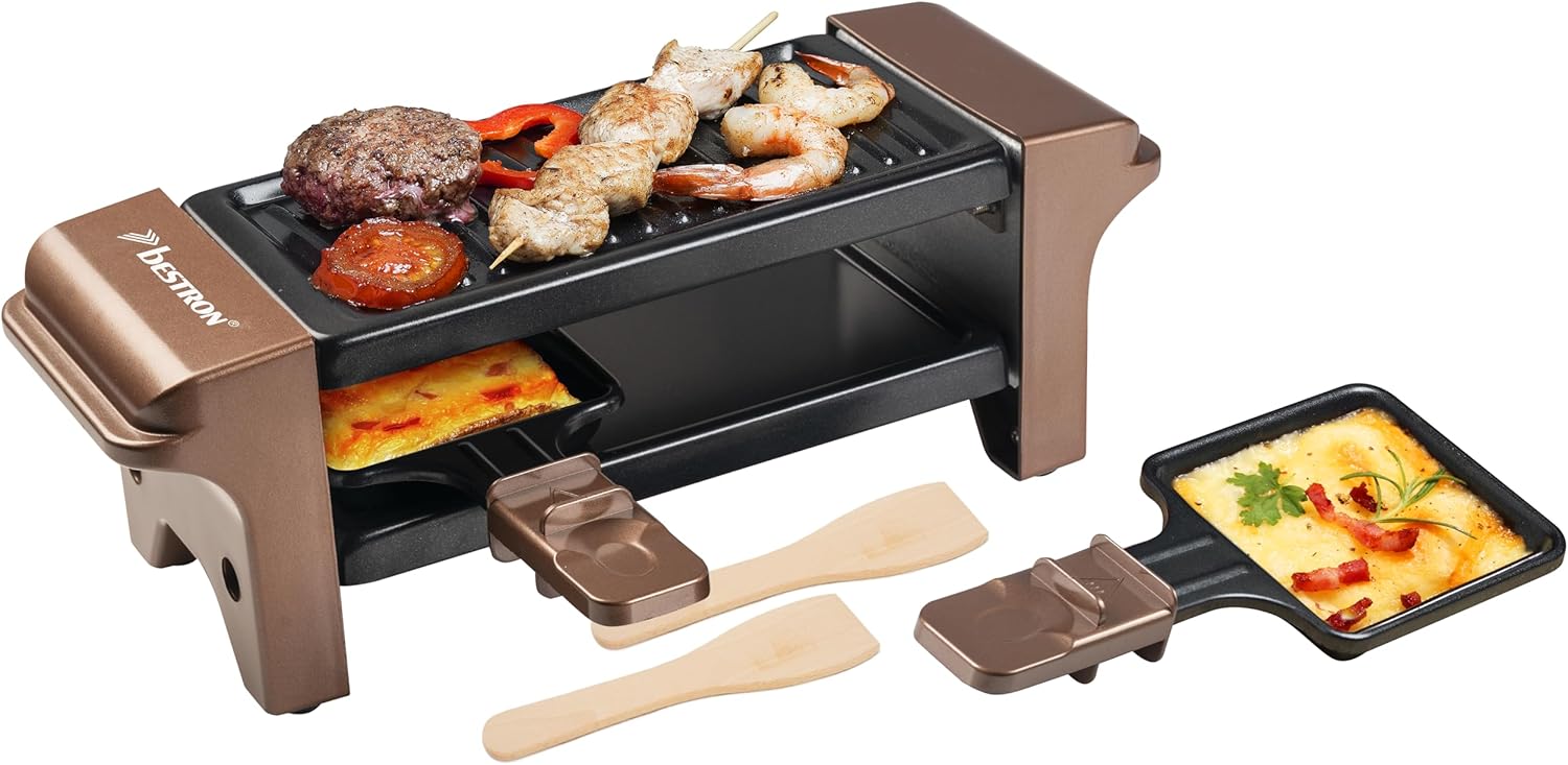 Bestron Raclette for 1 to 2 People, Mini Table Grill with Two Pans, Two Wooden Scrapers and Two Coasters, 350 Watt, Colour: Copper