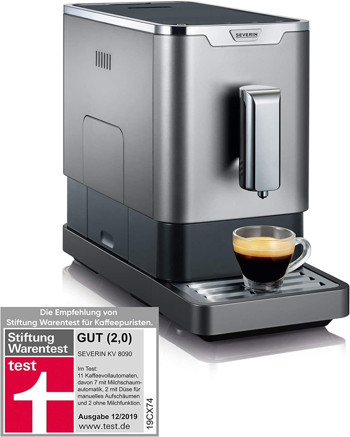 SEVERIN Automatic Coffee Machine with Grinder, For Coffee Beans, Ultra Compact Slim Design, Eco Mode, KV 8090, Grey/Black