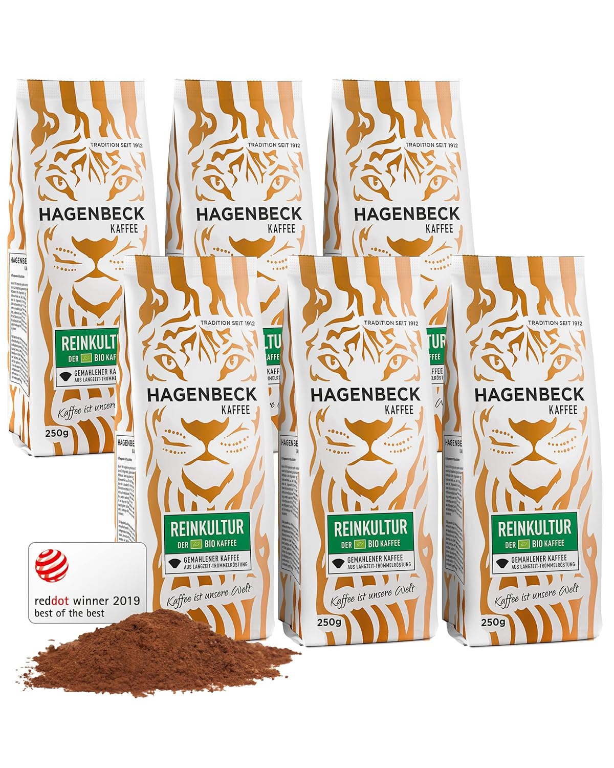 Hagenbeck Organic Pure Culture 6x250g (1.5kg) | Organic Coffee Ground & Classic Aromatic | Moderate Intensity | Ground coffee from German roasting | 100% Arabica blend made from organic coffee beans
