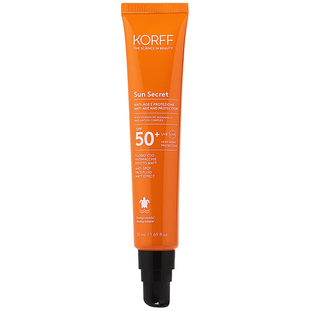 Korff Korff Sun Secret Fluid Face Anti-Stain SPF50, Liquid Cream with Matte Texture, Soft UVB and UVA Protection, Biodegradable, 50 ml - 130 g