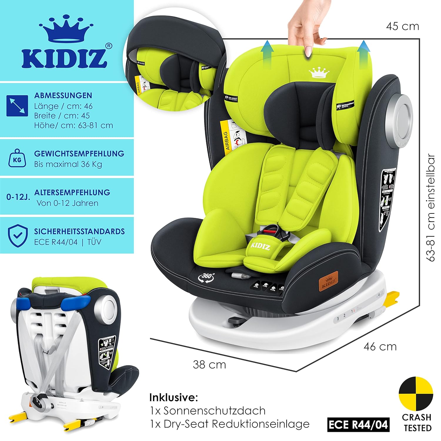 KIDIZ® Isofix Top Tether Child Car Seat 360° Rotatable Group 0/1/2/3 from Birth 0-36 kg with Sun Protection Roof, Side Protection, 5-Point Belt, Headrest Adjustment, ECE R44/04, Anthracite