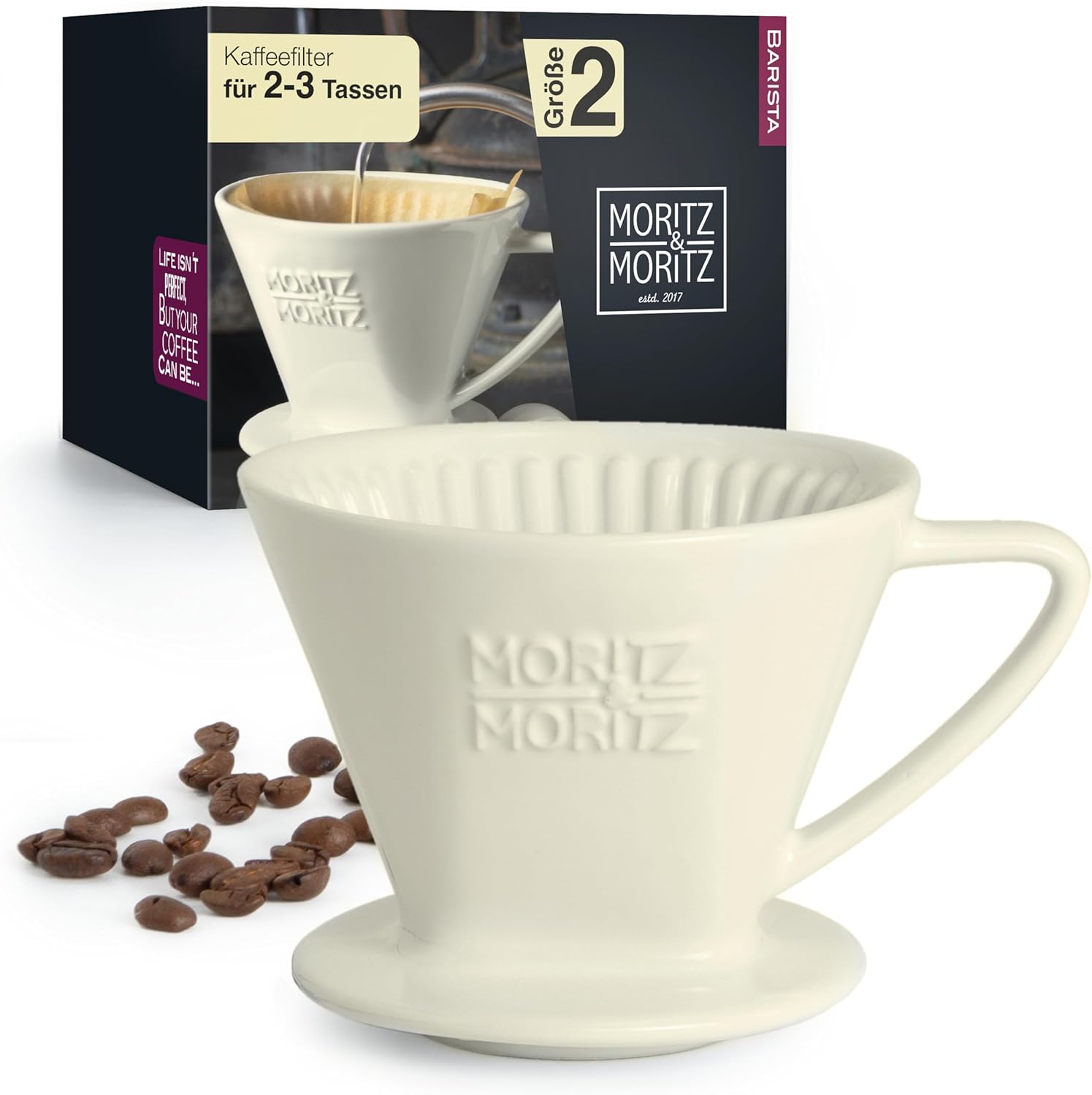 Caffé Italia Permanent Coffee Filter - Excellent Flavored Coffee Flavor - Hand Filter Ceramic Coffee Filter Attachment - Size 2 for 2-3 Cups - White - Premium Quality
