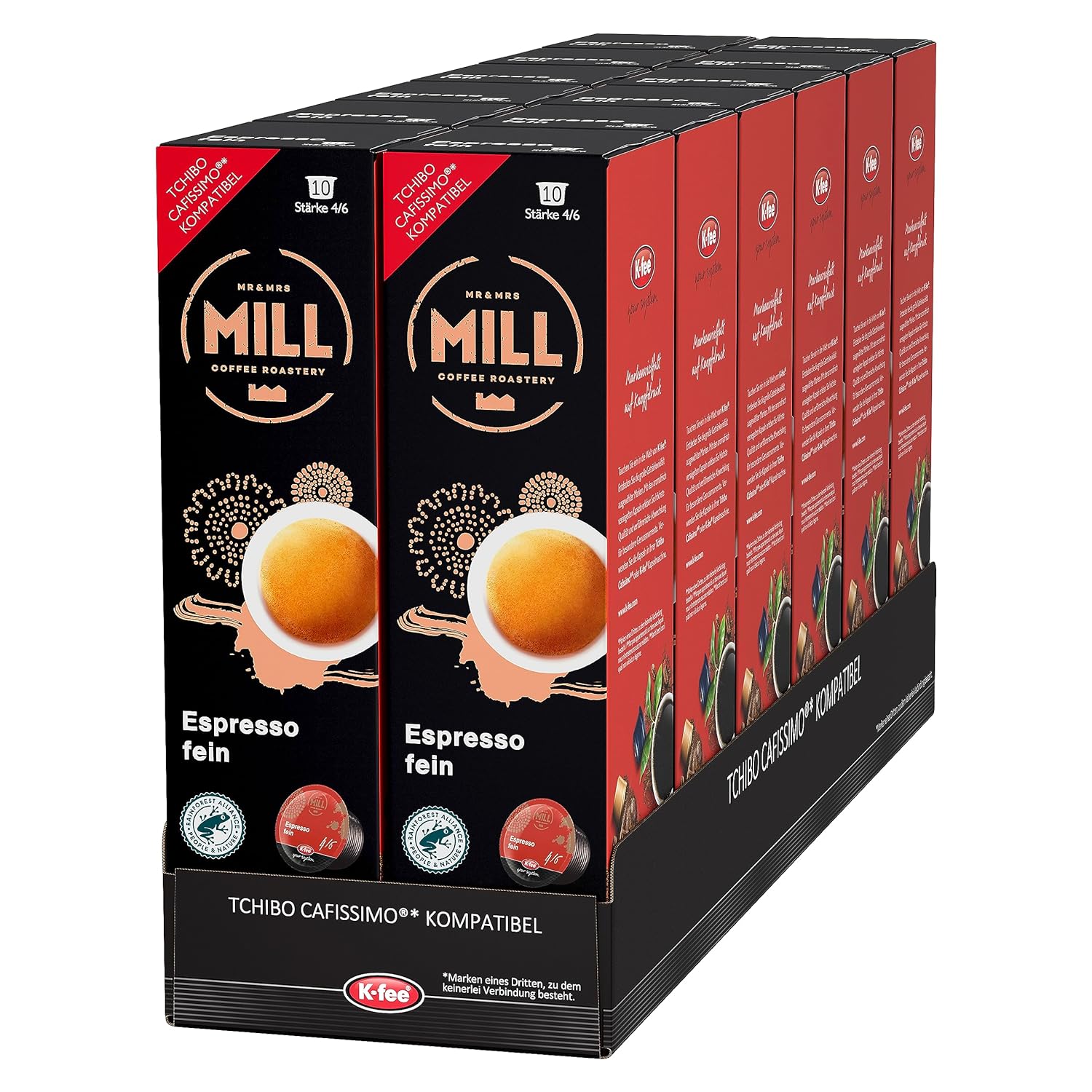Mr & Mrs Mill Espresso Fine Coffee Capsules, Strength 4/6, Compatible with K-fee & Tchibo Cafissimo*, Rainforest Alliance Certified, 120 Capsules (12 x 10)