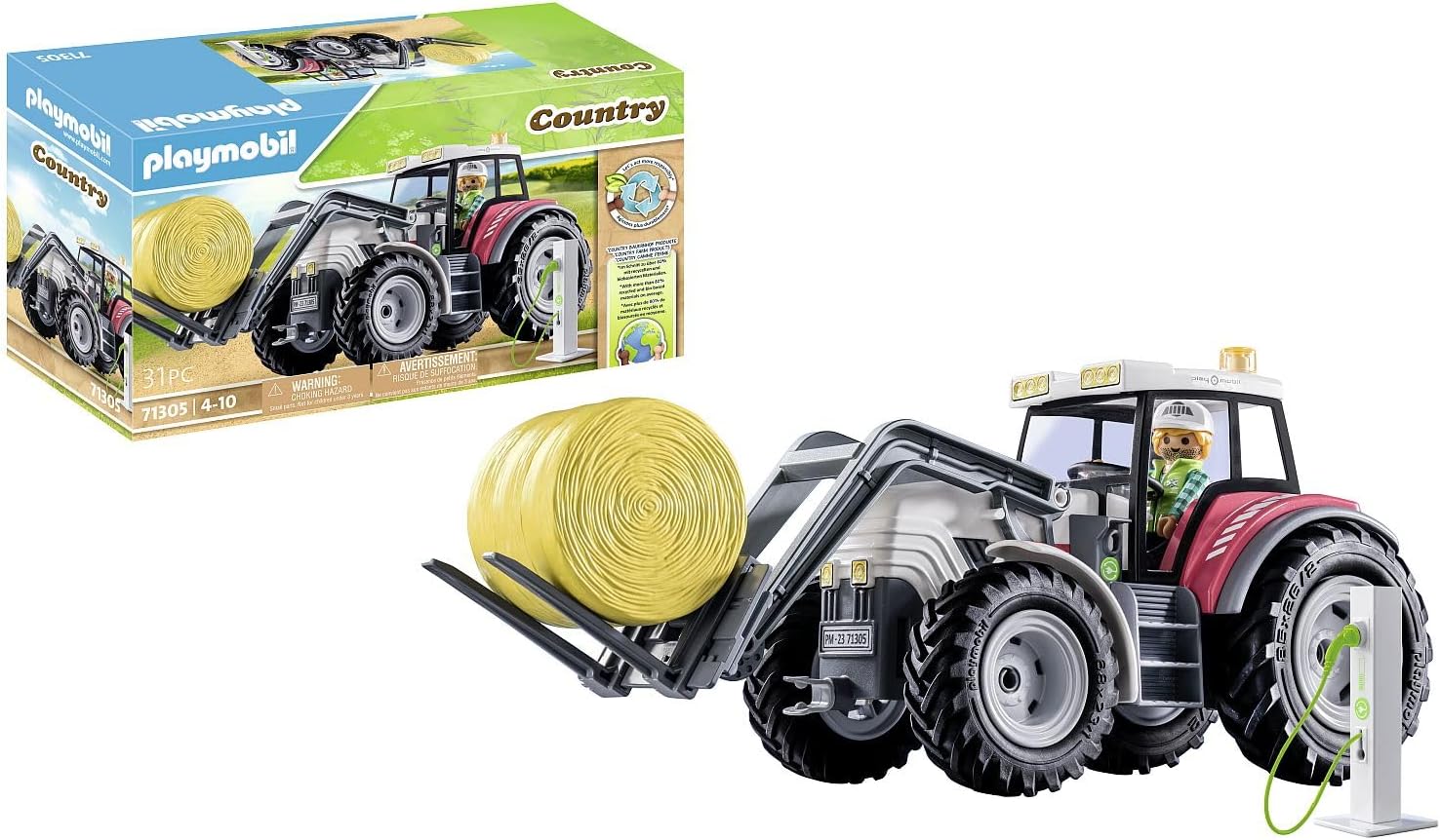 PLAYMOBIL Country 71305 Large Tractor, Electric Powered Tractor with Hinged Roof and Electric Charging Station, Toy for Children from 4 Years