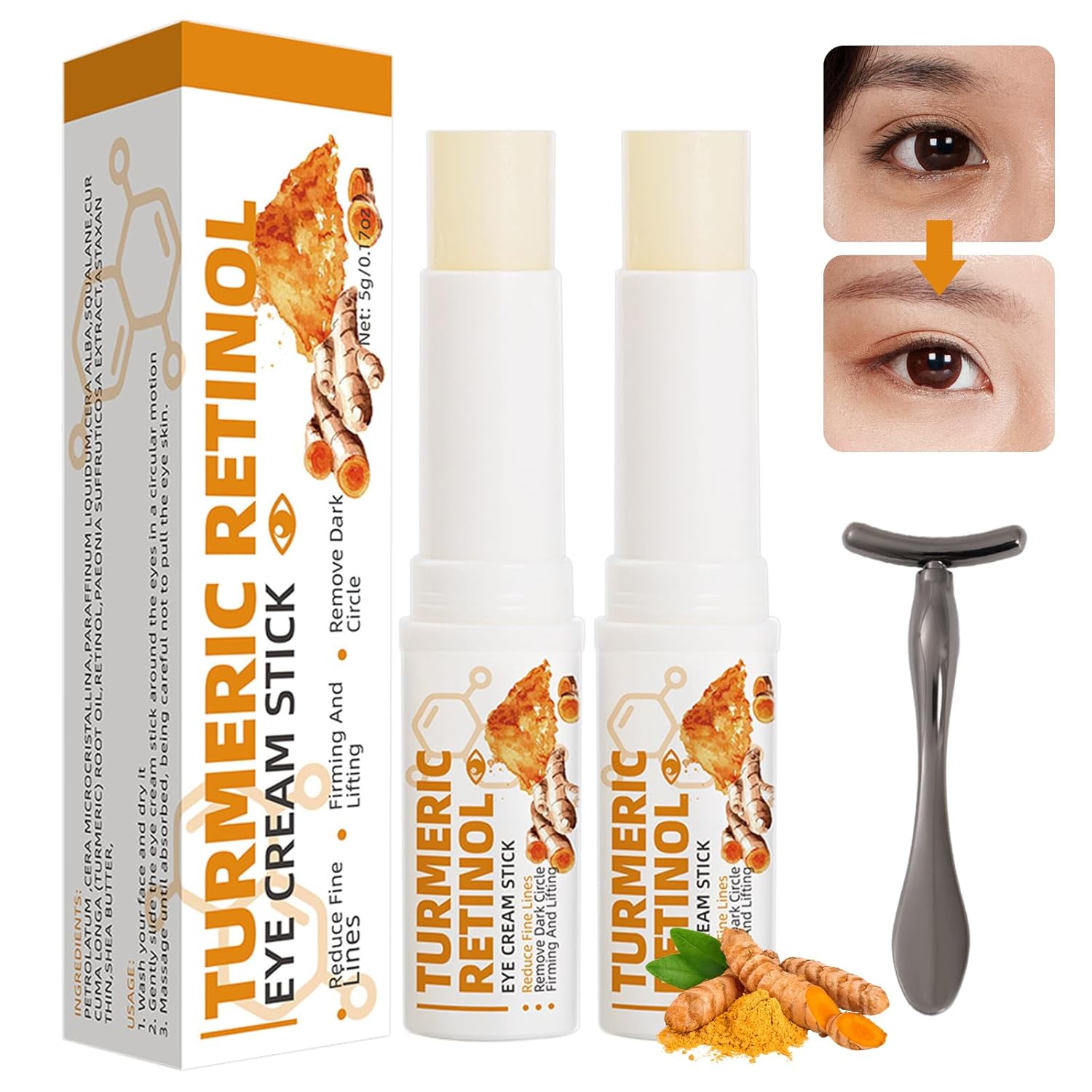 Pack of 2 Turmeric Retinol Eye Cream Stick, Lumistick Against Eye Bags, Turmeric Eye Cream Pen, Balm Under The Eyes, Turmeric Eye Cream Stick with Eye Massage Stick, Reduces Swelling and Bags