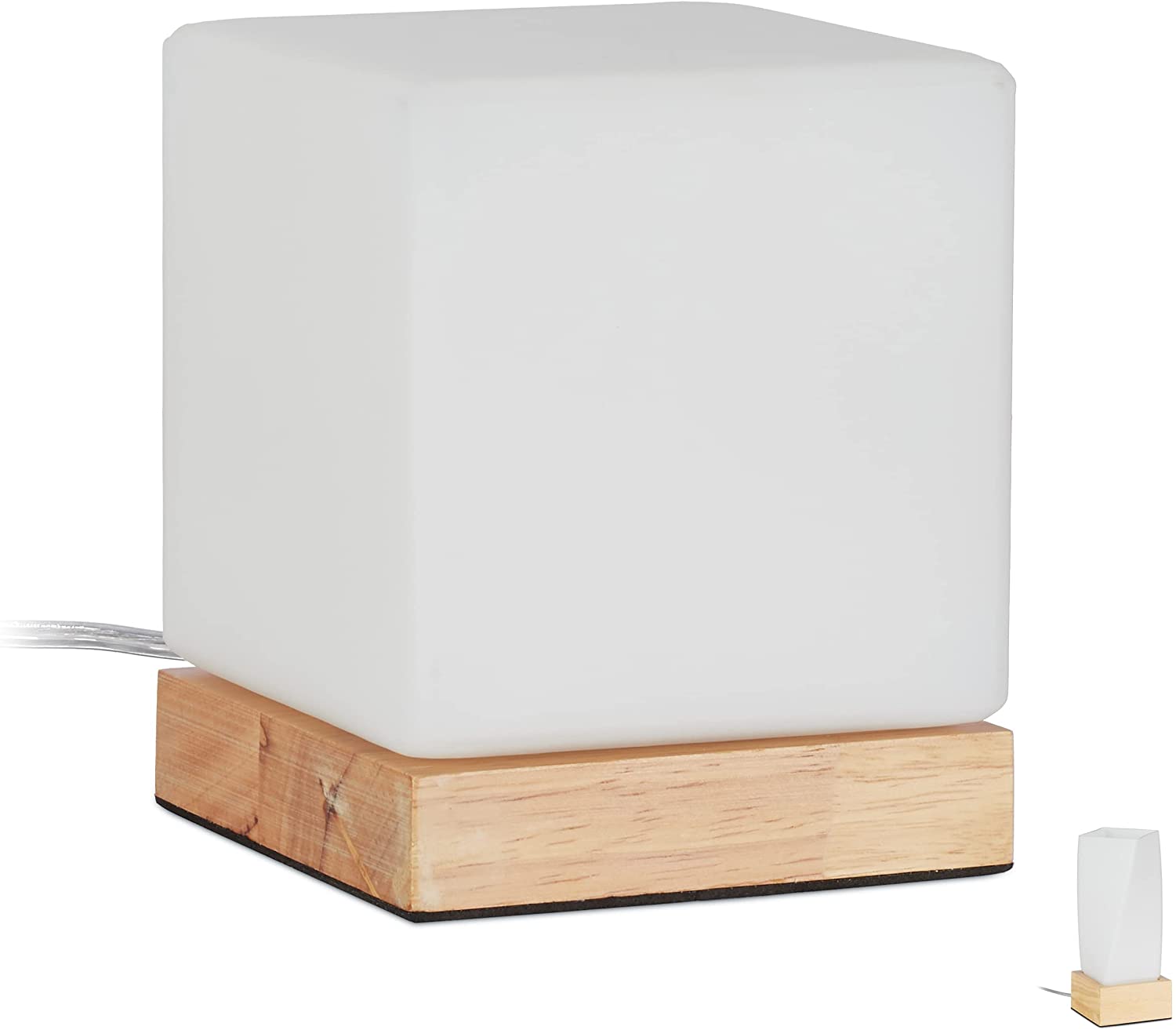 Relaxdays Table Lamp Cube, Living Room & Bedroom, Wood & Frosted Glass, E14 Bedside Lamp, 15 x 12 x 12 cm, White/Natural