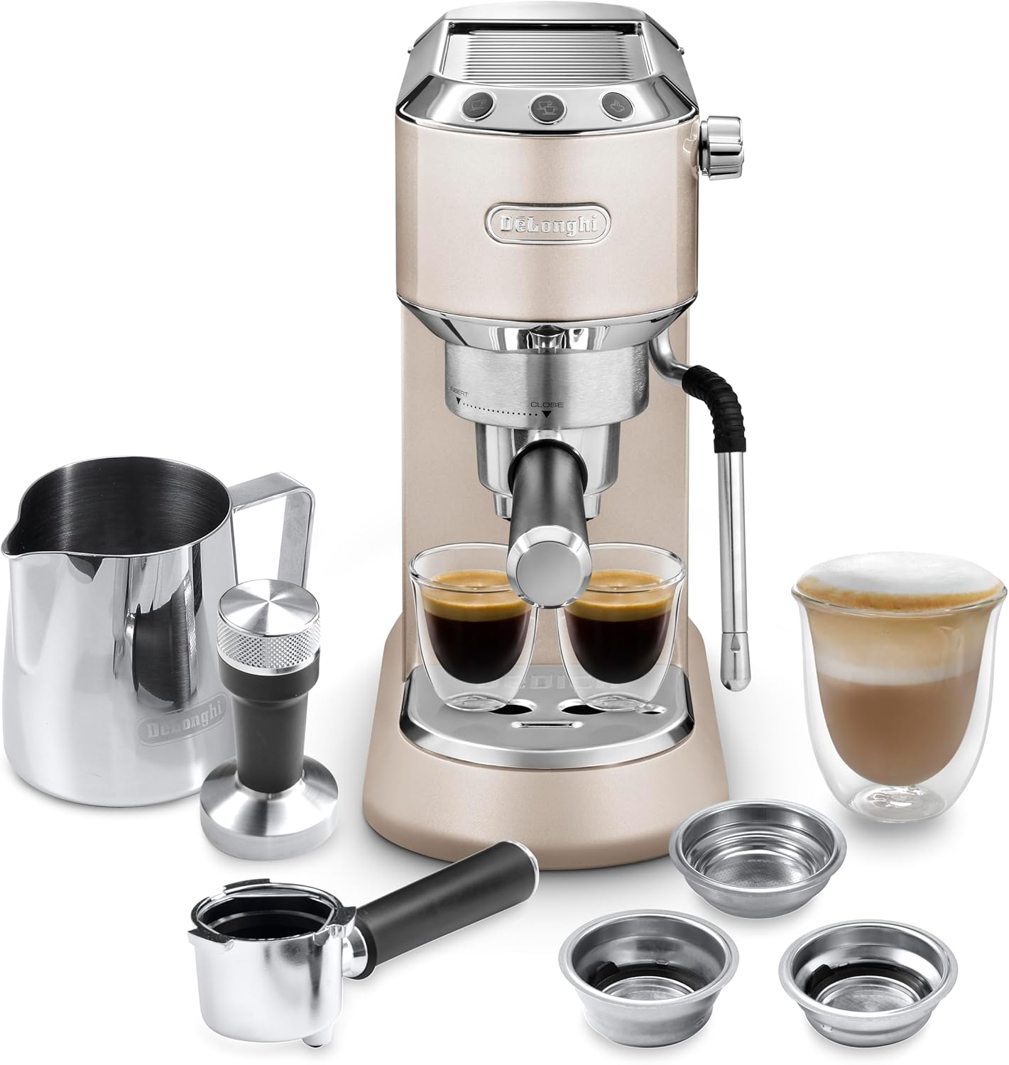 De\'Longhi Dedica Arte EC 885.BG, Espresso Portafilter Machine, Espresso Machine with MyLatteArt Milk Foam Nozzle, Compact Design, 15 cm Wide, 1 Liter Water Tank, Suitable for E.S.E Pads, Beige