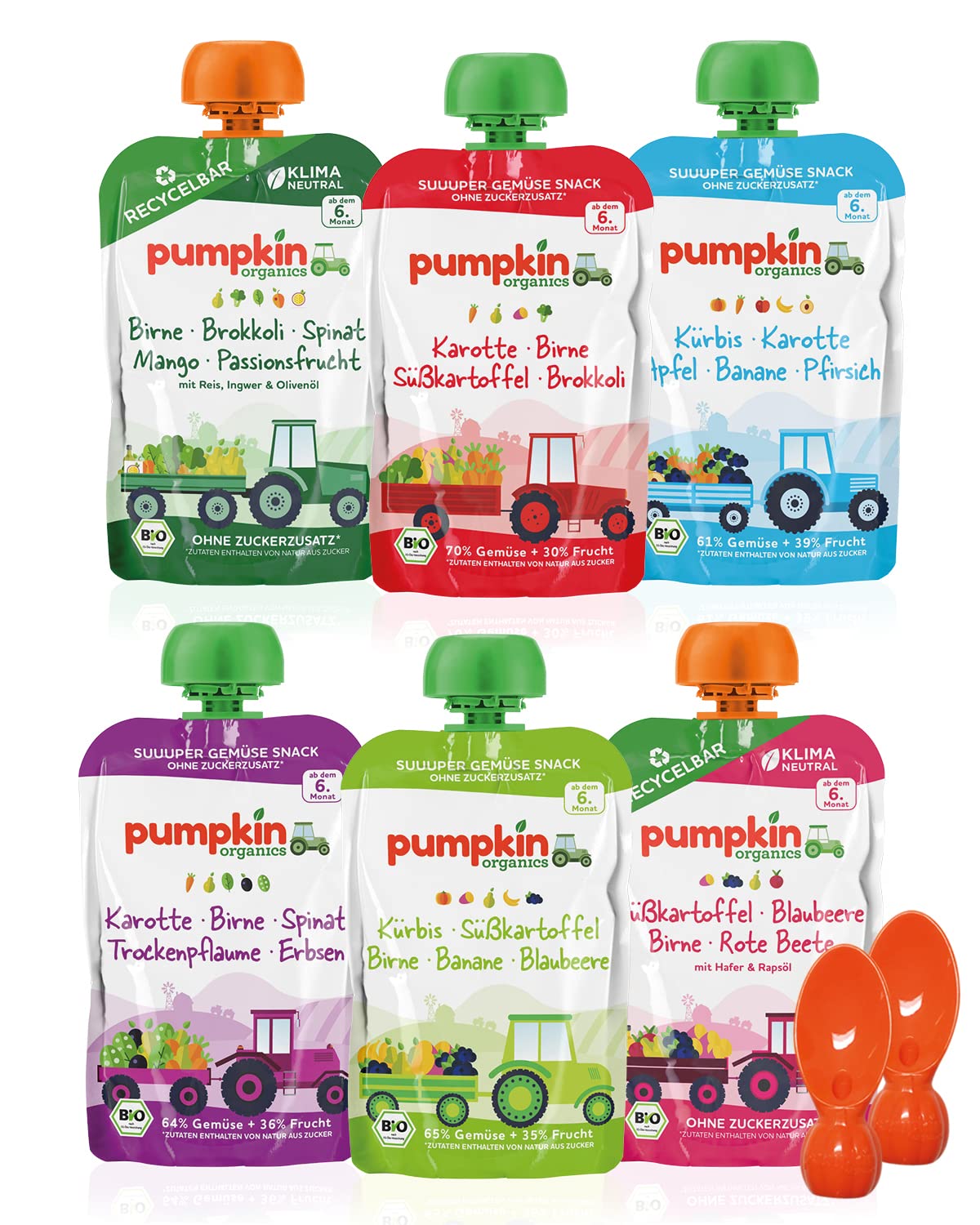 Erste Liebe Bio Gemüse-Quetschie Mix für Kinder ab dem 6. Monat - Gemüsepüree und Fruchtmus ohne Zuckerzusatz, 48er Pack (48x100g) +2 Löffelaufsätze