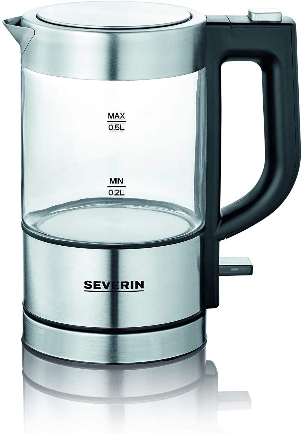 SEVERIN Mini glass kettle, powerful and compact kettle in high-quality design, electric kettle with limescale filter, stainless steel/black, WK 3472
