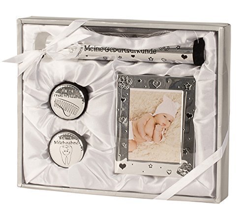 Baby Set in Silver with Picture Frame, 2 Boxes for Milk Teeth and First Hair and a Tube for Birth Certificate 22 x 26.5 cm
