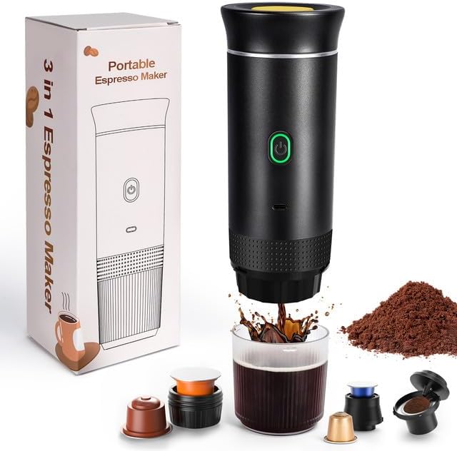 LAMA Portable Coffee Machine, Electric Espresso Machine, Capsule Machine, Compatible with Coffee Capsules & Coffee Powder, Instant Warming Mini Coffee Machine for Camping, Car, Travel, Black