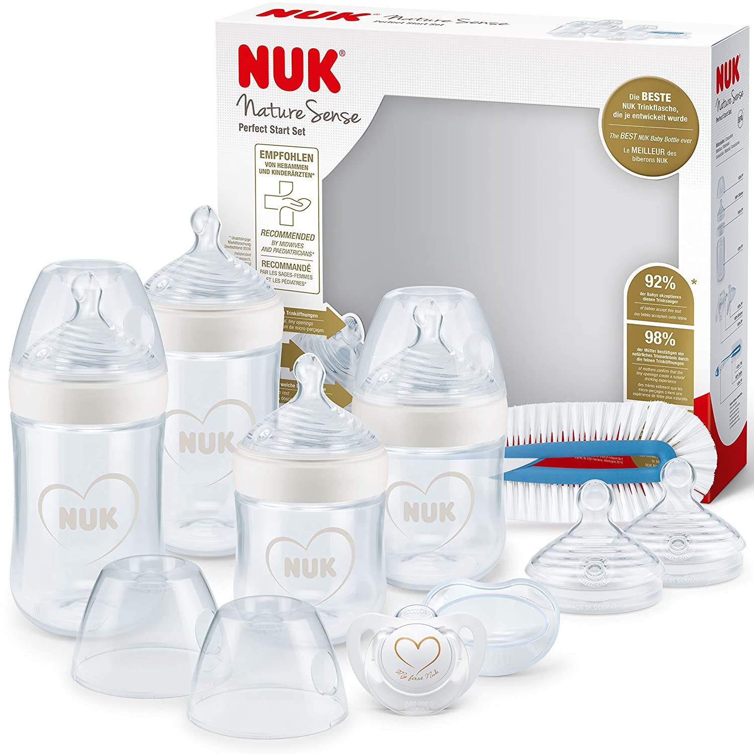 Nuk First Choice+ Perfect Start Baby Bottle Set Anti-Colic Baby Bottles (2 x 150 ml & 2 x 300 ml), Bottle Brush & More | BPA Free | 0-6 Months With temperature control. blue