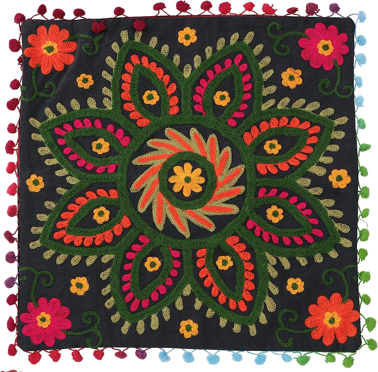 GURU SHOP Boho Cushion Cover, Colourful Embroidered Folklore Cushion in Mexican Style - Black/Orange, Cotton, 40 x 40 cm, Decorative Cushion, Sofa Cushion