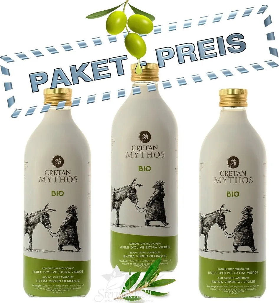 3x CRETAN MYTHOS 03515 Organic Extra Natives Olivenöl 1 Liter-Flaschen (AKTION ! 3 x 1L = 3L)