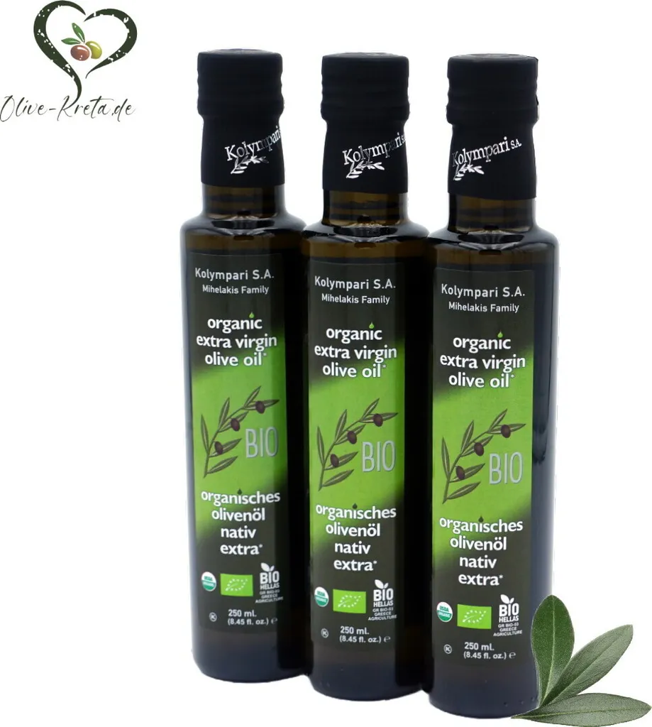 3x KOLYMPARI 04502 Organisches Olivenöl nativ extra 250ml Flasche der Familie Mihelakis von Kreta (AKTION! 3 x 250ml = 750ml)