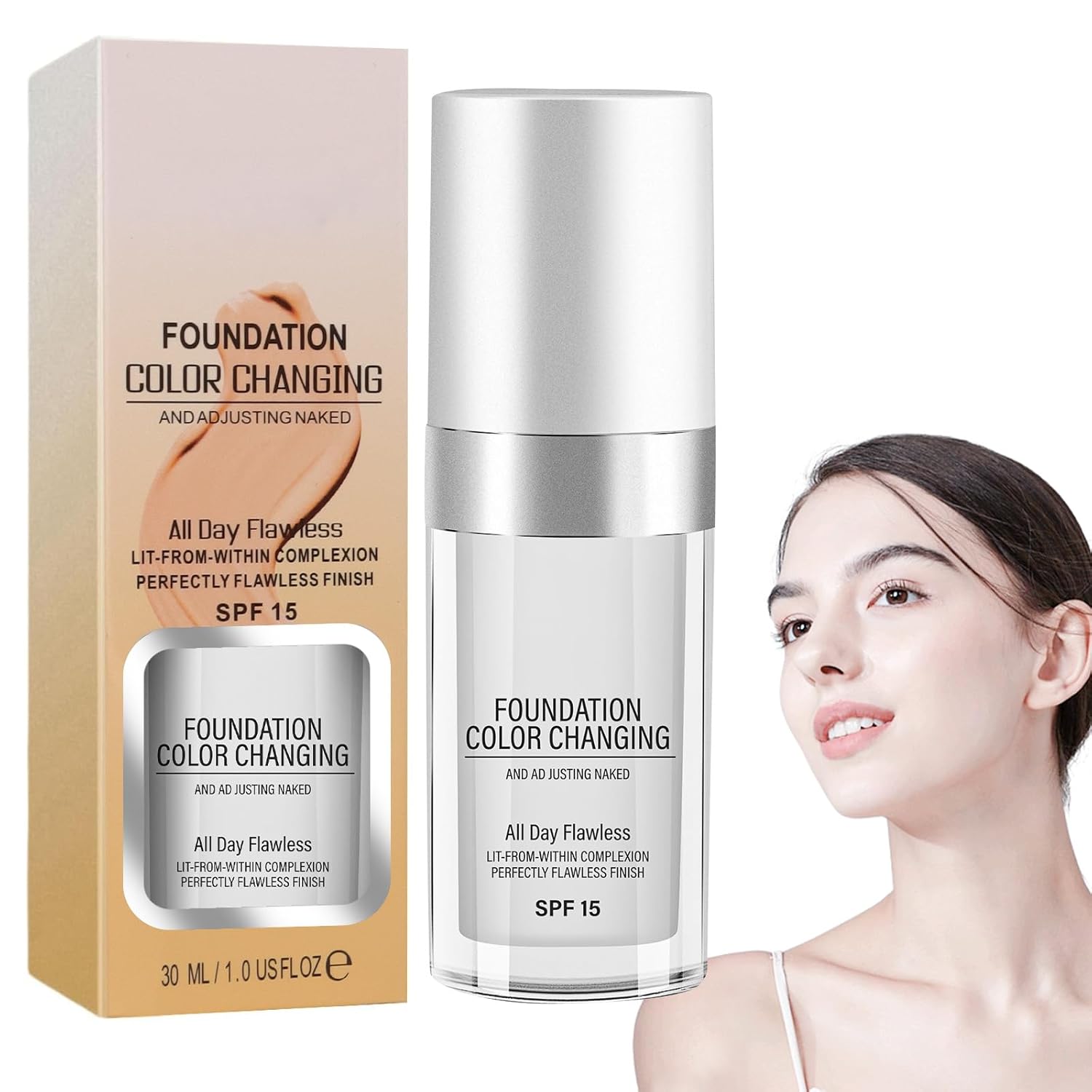 Foundation Color Changing, Changing Foundation, Color-Changing Foundation for Mature Skin, Creates Flawless and Delicate, Suitable for Light to Medium Skin Tones, SPF 15, 40 ml