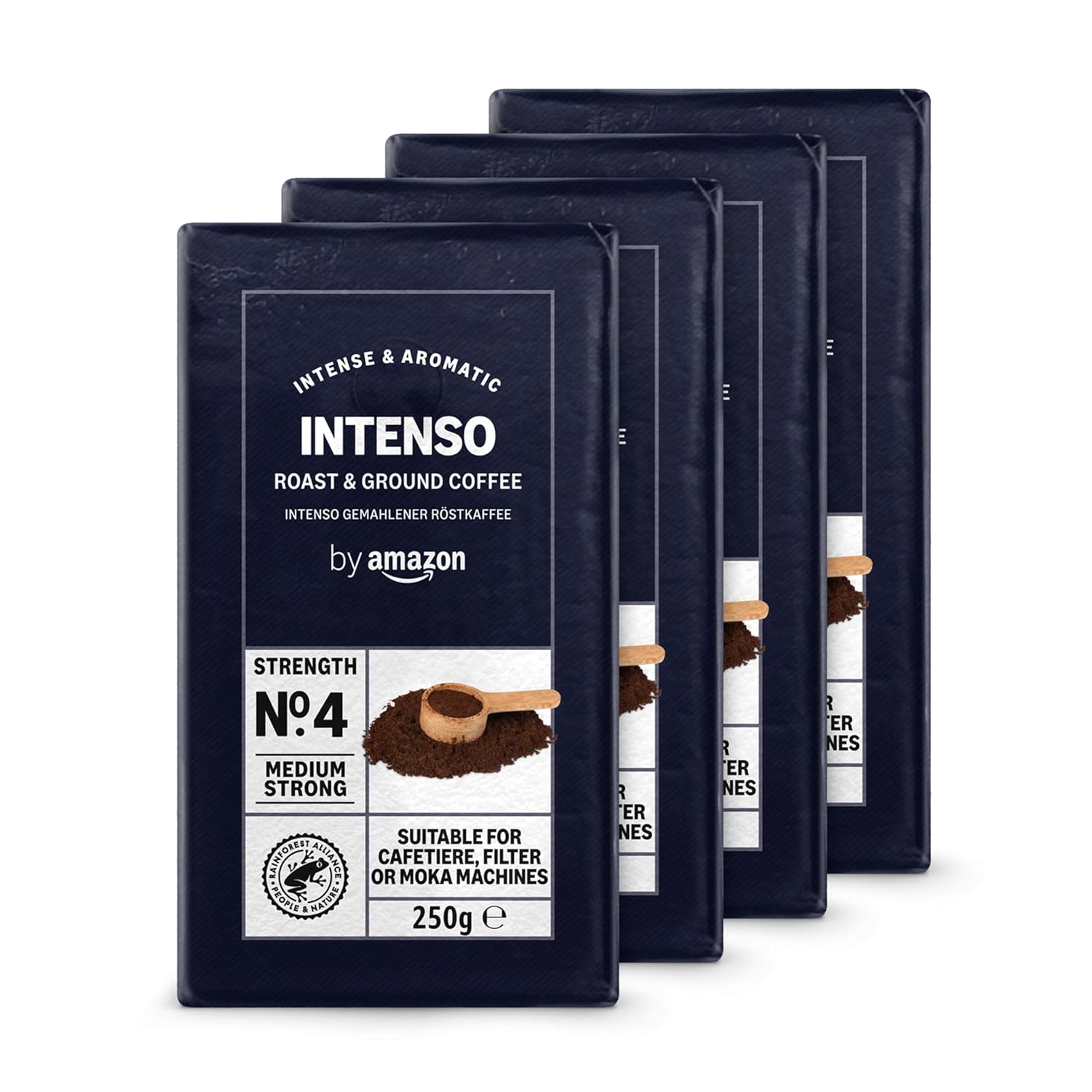 by Amazon Intenso Ground Roasted Coffee, 1 kg (4 Packs of 250 g), Rainforest Alliance Certification