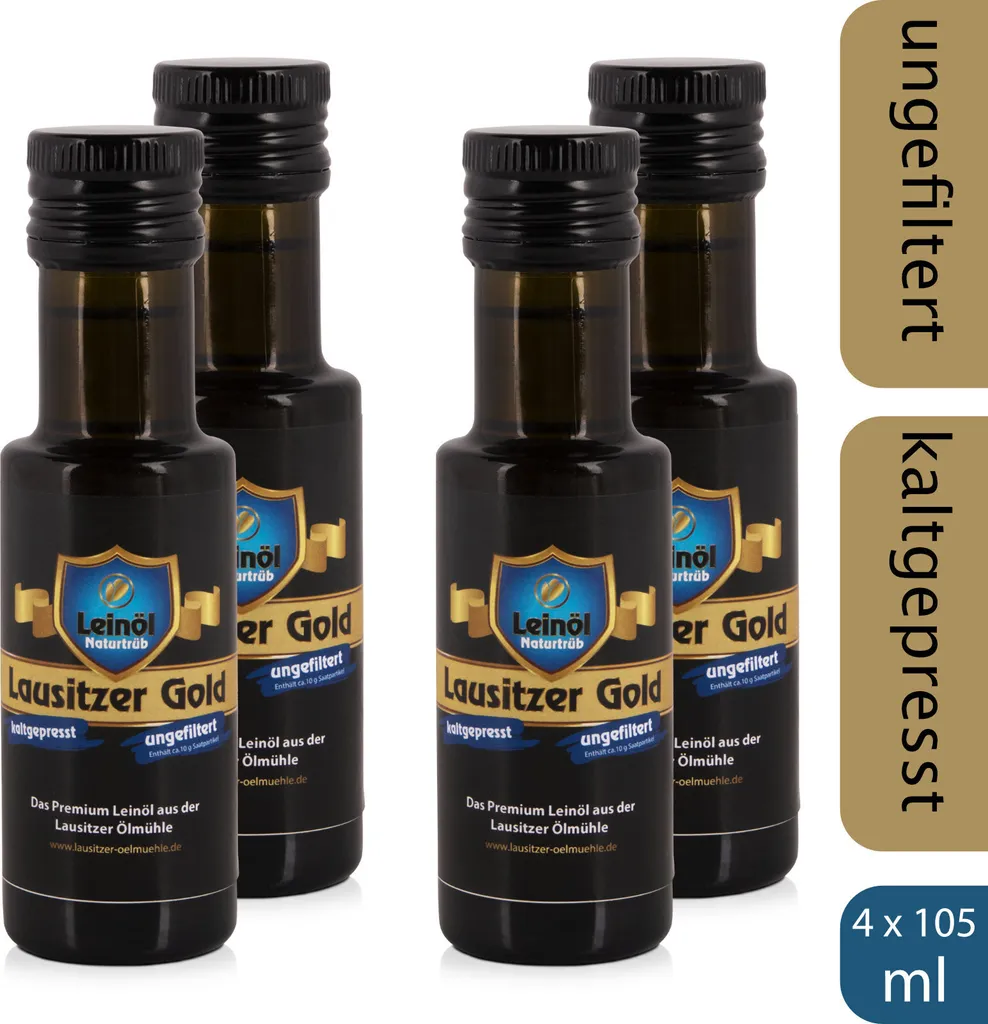 4 x Lausitzer Leinöl - Lausitzer Gold (kaltgepresstes ungefiltertes Premium Leinöl), 4x 105ml