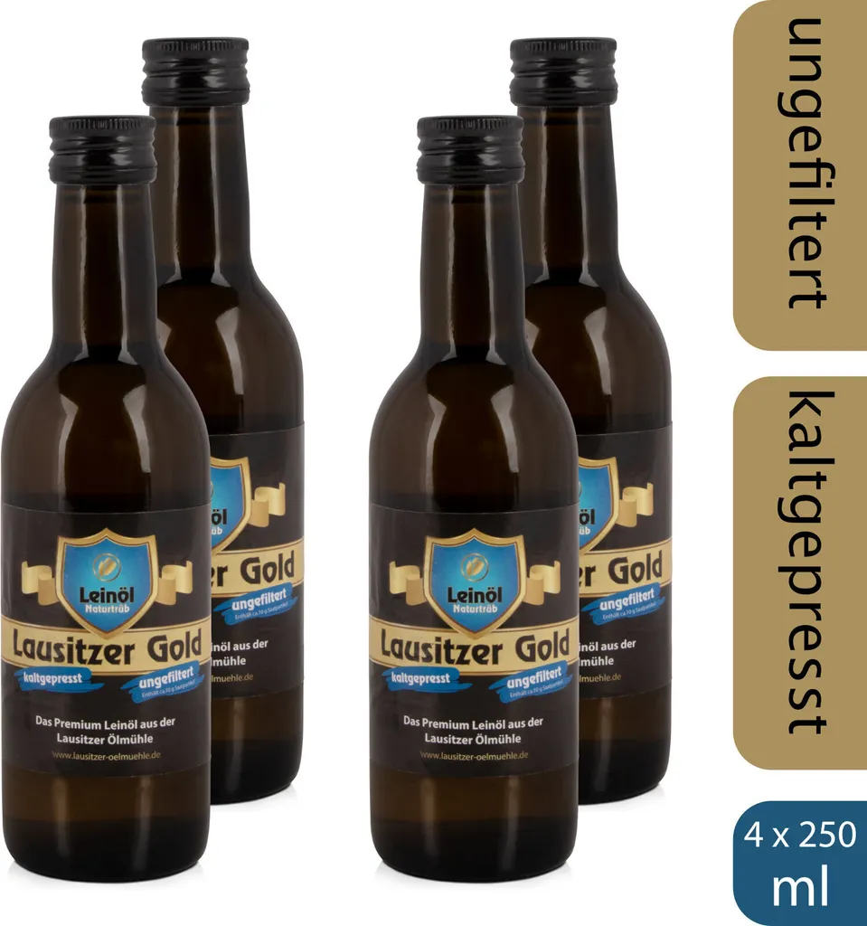 4 x  Lausitzer Leinöl - Lausitzer Gold (kaltgepresstes ungefiltertes Premium Leinöl), 4x 250ml