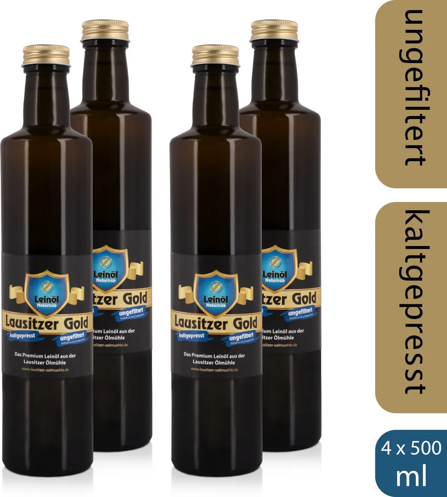4 x Lausitzer Leinöl - Lausitzer Gold (kaltgepresstes ungefiltertes Premium Leinöl), 4x 500ml