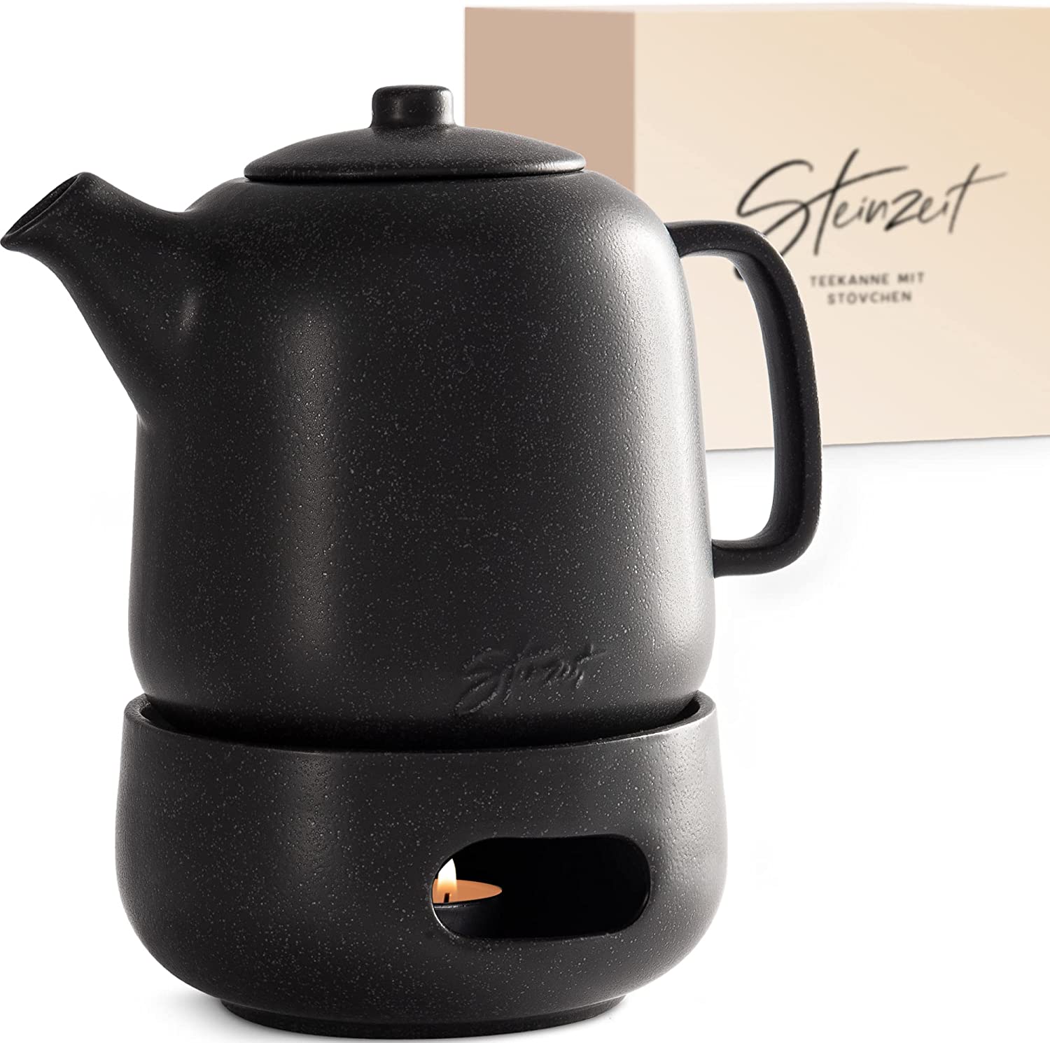 Steinzeit Design Teapot with Warmer (1.3 L) - Teapot with Strainer Insert Made of 304 Stainless Steel - Ceramic Teapot with Unique Glaze - Removable Teapot with Strainer - Black
