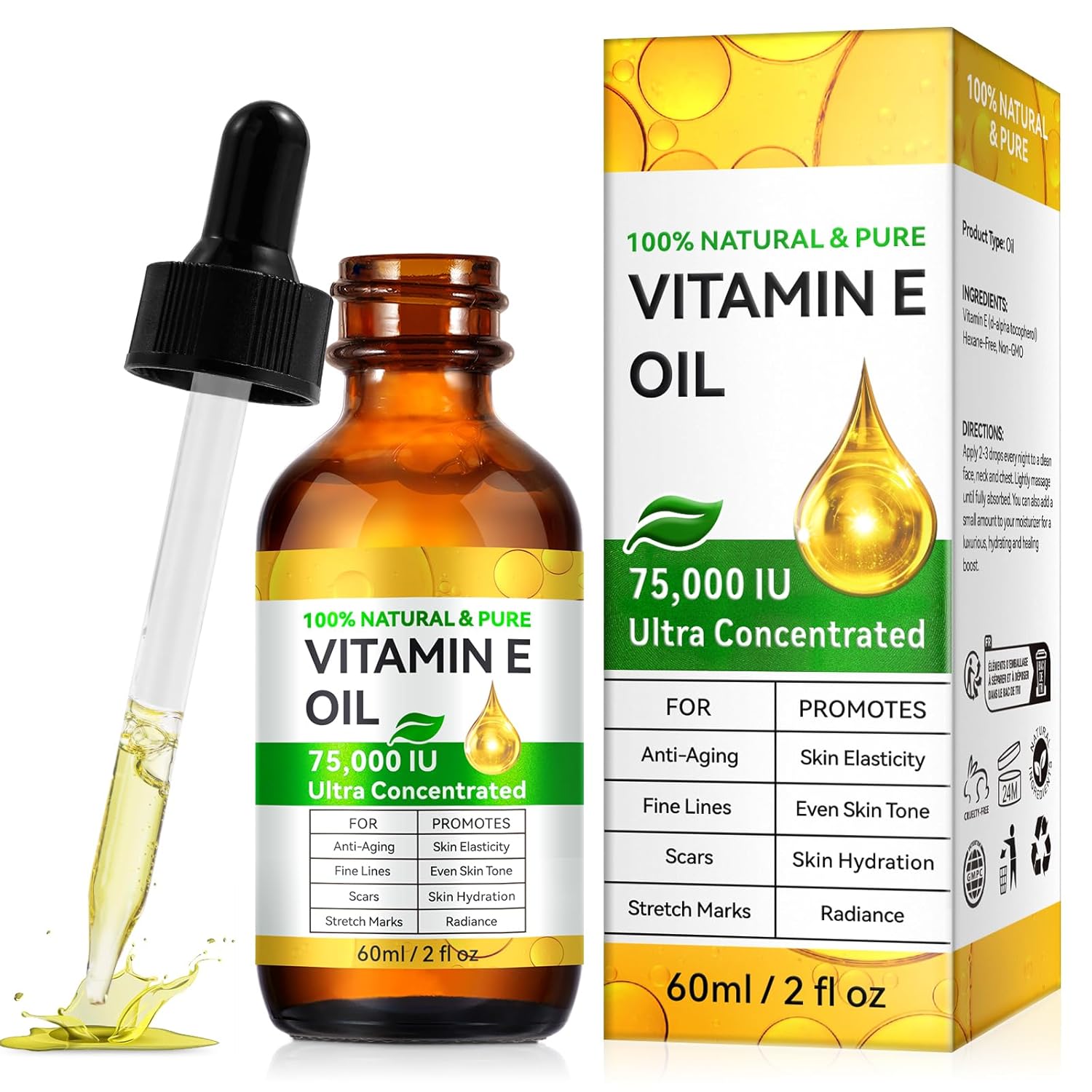 Vitamin E Oil - 75,000 IU, for Skin, Scars, Face and Body - Moisturises Dry Skin and Reduces Wrinkles, 60 ml