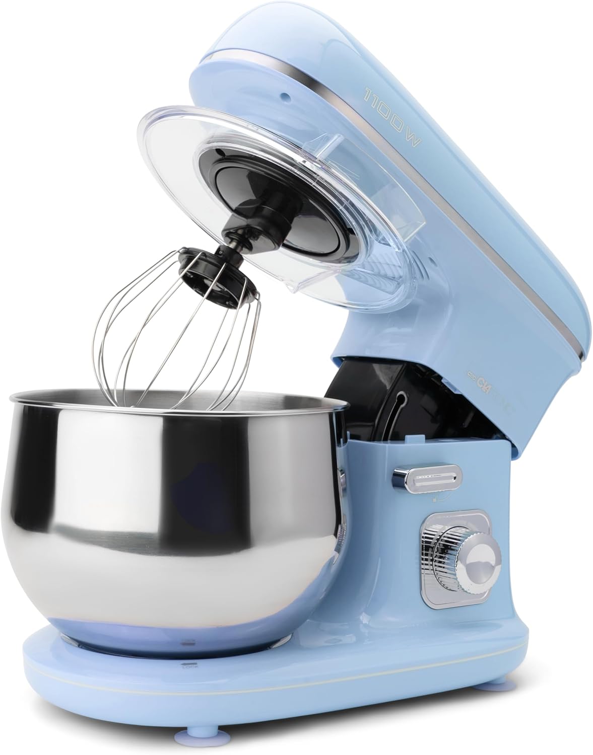 Clatronic Rock\'n\'Retro KM 3711 Kneading Machine with Transparent Splash Guard Lid with Refill Opening and Pivoting Multifunctional Arm 1100 Watt 5 Liter, blue