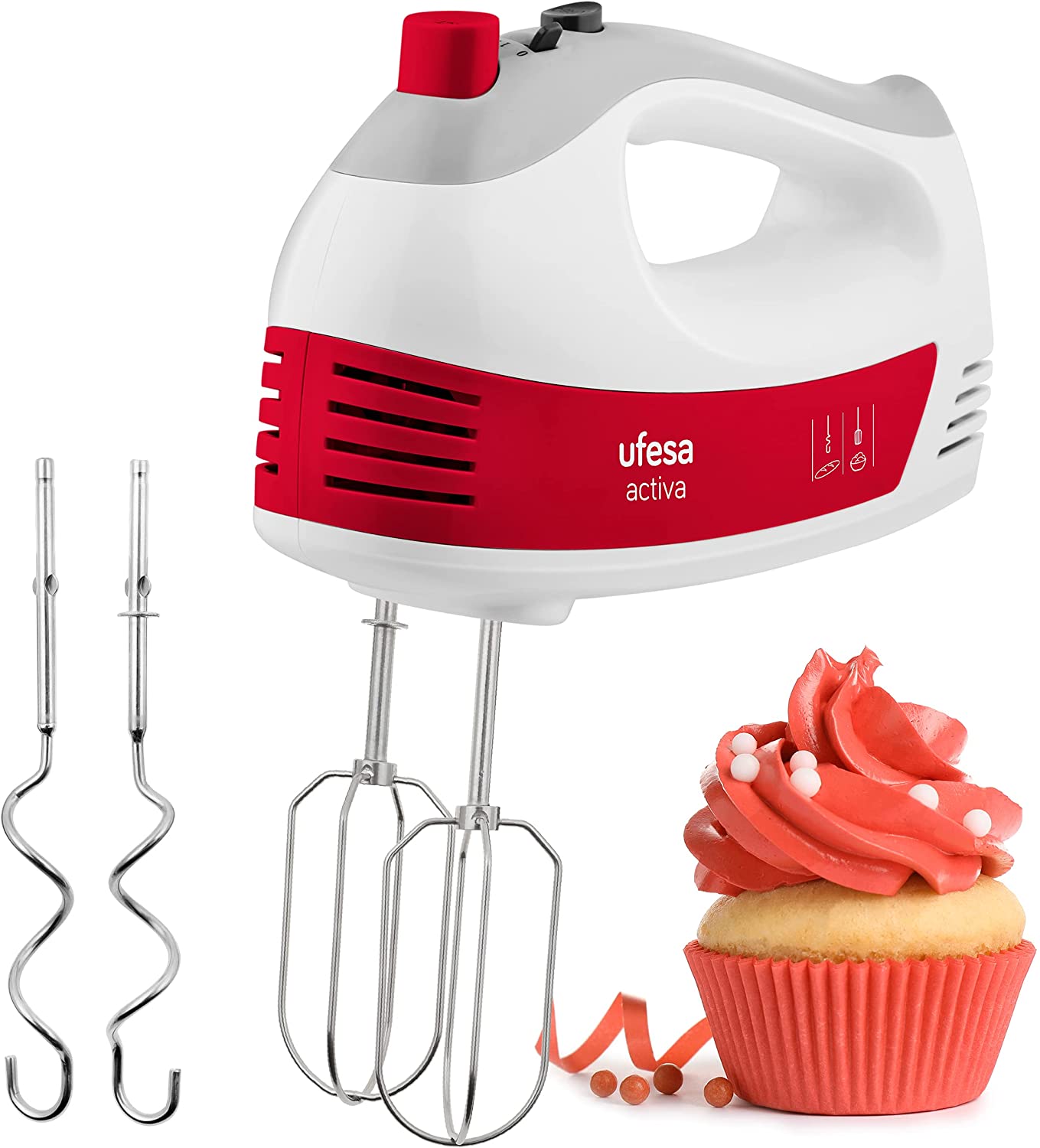 Ufesa BV4650 Hand Mixer, Hand Mixer, 400 W, 5 Speed Settings + Turbo, 2 Dough Hooks, 2 Whisks, Ergonomic Design with Soft Touch Handle