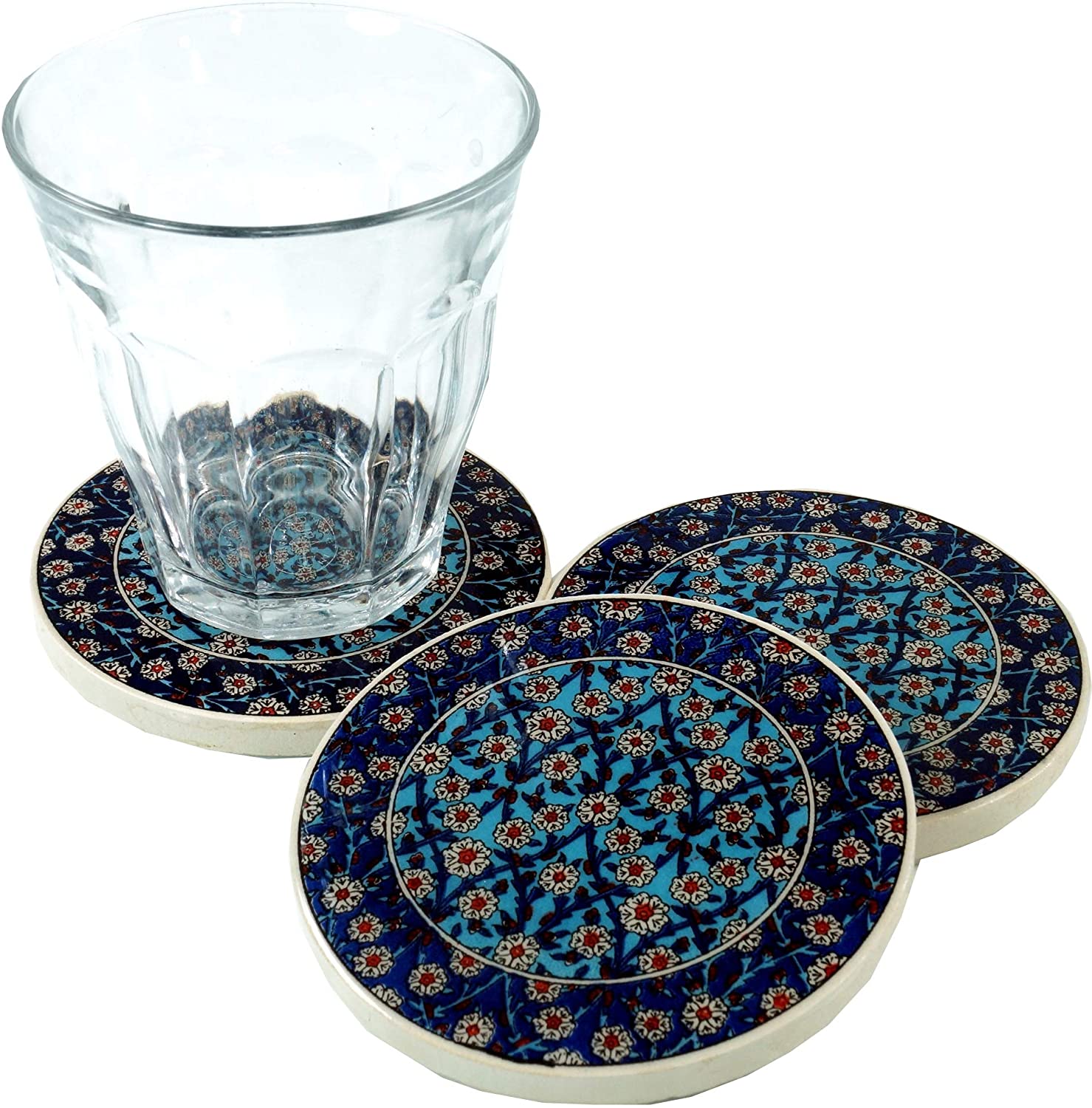 GURU SHOP Oriental Ceramic Coasters, Round Coasters for Glasses, Cups with Mandala Motif Set - Pattern 1, Blue, Quantity: Set of 3, 1 x 8 x 8 cm, Coasters, Trays