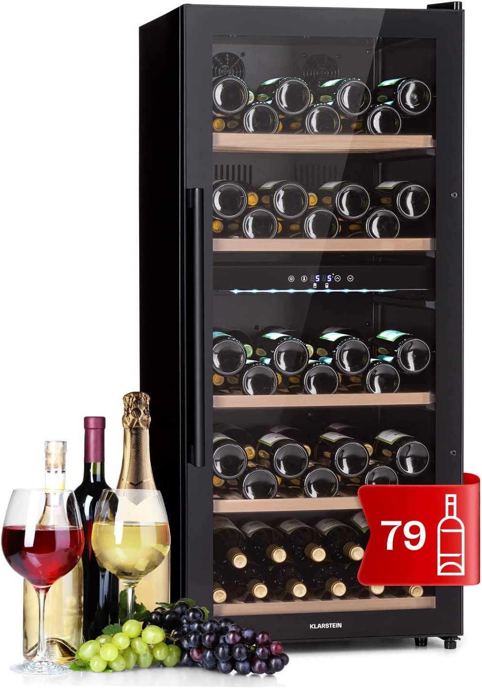 Klarstein Wine Fridge, Drinks Refrigerator, Slim, 2 Zone Fridge With Glass Door, Drinks Fridges, Freestanding, Wine Fridge, Small, Wine Fridge With UV Protection, 5-18 ° C, 79 Bottles