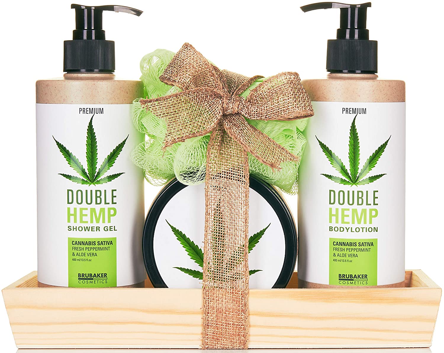 BRUBAKER Cosmetics Hemp Oil Shower and Care Set with Decorative Wooden Tray, White, ‎grün
