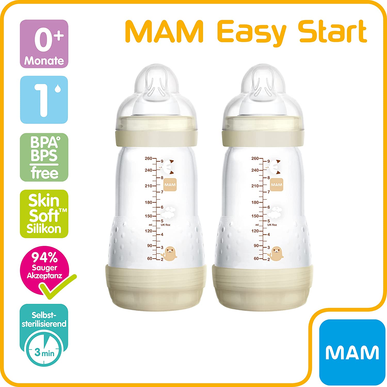 MAM Easy Start anti-colic baby bottle (260 ml), milk bottle with innovative base valve to prevent colic, baby’s drinking bottle with size 1 teat, from birth, seal, set of 2