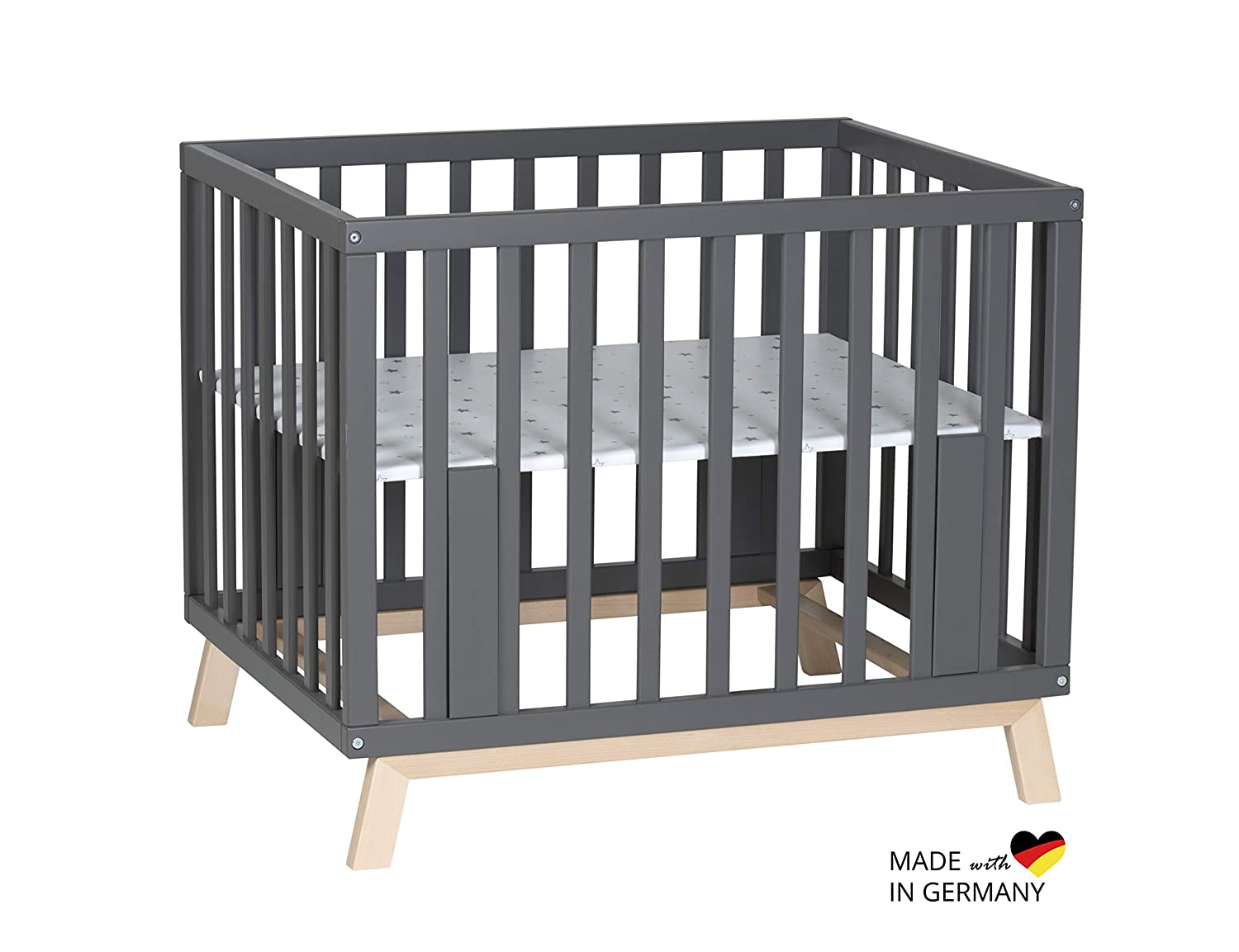 Schardt 02 050 00 88 077 Playpen Holly Anthracite / Natural Solid Beech Wood with Grey Stars Foil, Made in Germany, White