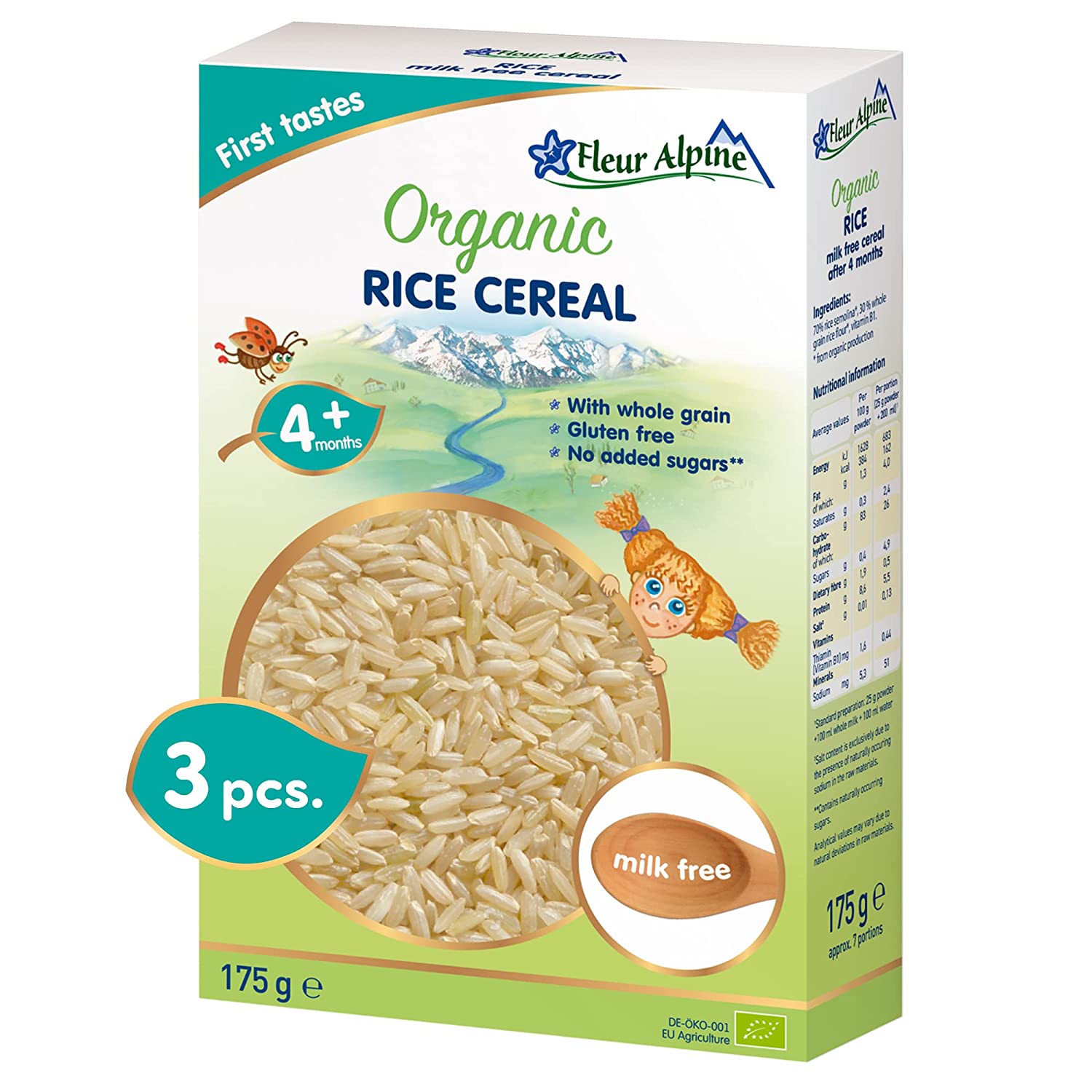FLEUR ALPINE Bio Reis Baby Müsli 3er Pack – Leckerer Babybrei für köstlich glatte Frühstücksmahlzeiten | Nährstoffreicher sofortiger glutenfreier Brei 4+ Monate ohne Zuckerzusatz | 6x7 Portionen