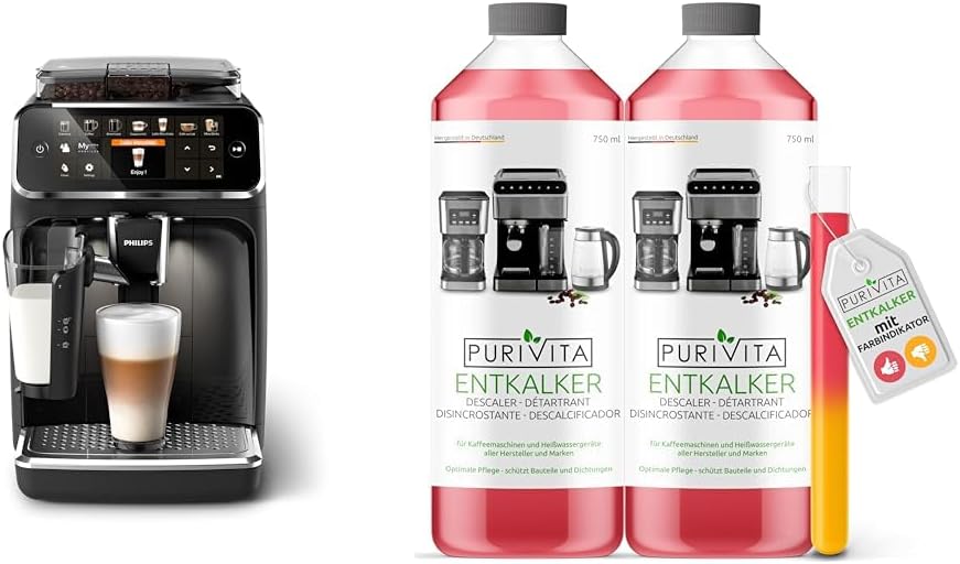 Philips Series 5400 Kaffeevollautomat – LatteGo Milchsystem & Purivita - Universal Entkalker 750 ml für Kaffeevollautomaten - Für alle bekannten Marken geeignet, 2 Flaschen