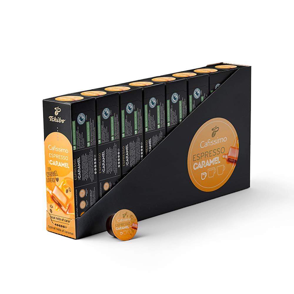 Tchibo Cafissimo Storage box Espresso Caramel coffee capsules– 80 pieces - 8x 10 capsules (espresso, expressive with cream caramel note), sustainably & fairly traded, Flavoured Edition