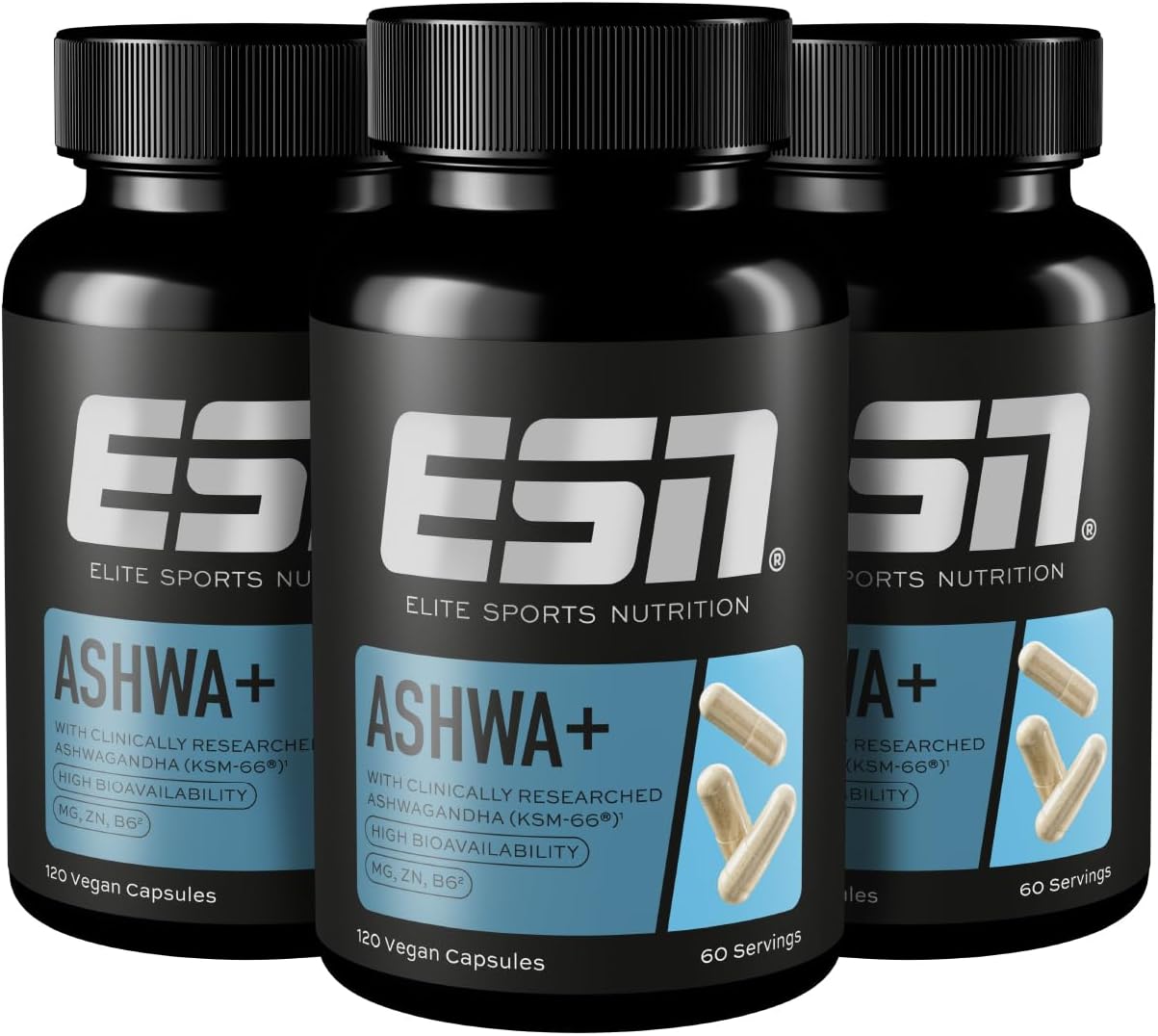 ESN Ashwa +, patented Ashwagandha root extract KSM-66®, 3 x 120 capsules, Indian sleep berry, with magnesium, vitamin B6 & zinc, vegan