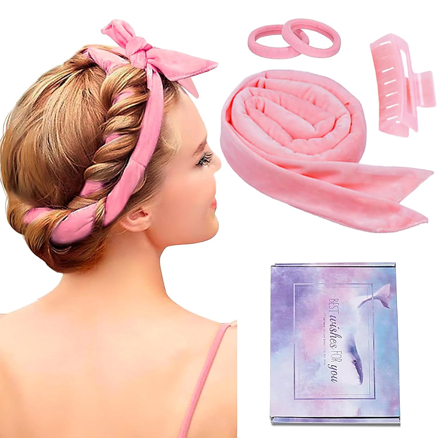 Curler Without Heat, Non-Slip Heatless Velvet Hair Curls Band Overnight with Hairpin, DIY Hair Curler Curling Band, Hairstyle Set for Medium Long Hair, Pink
